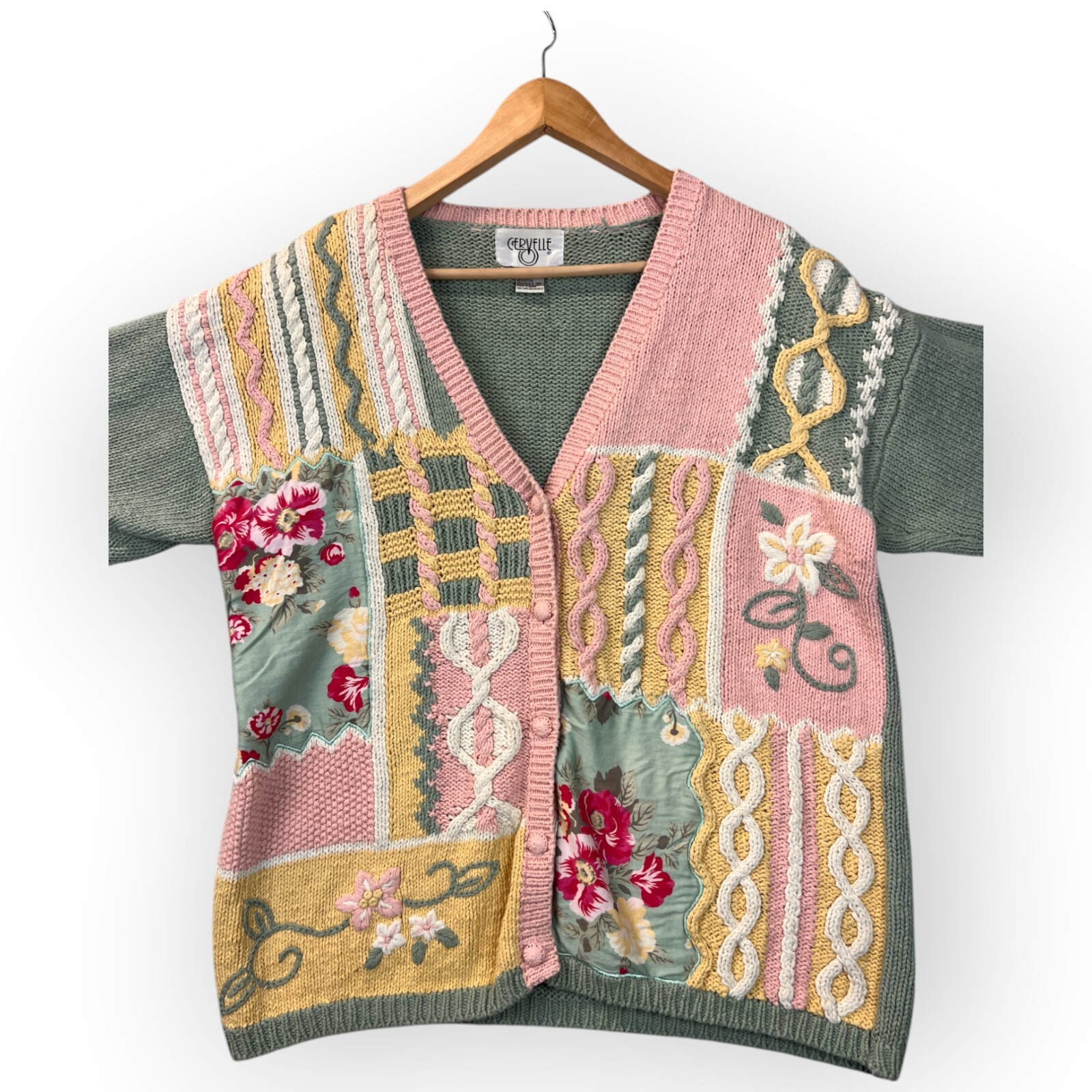 Cervelle Women Patchwork Sweater Cable Knit Large Embroidered Grannycore Vintage
