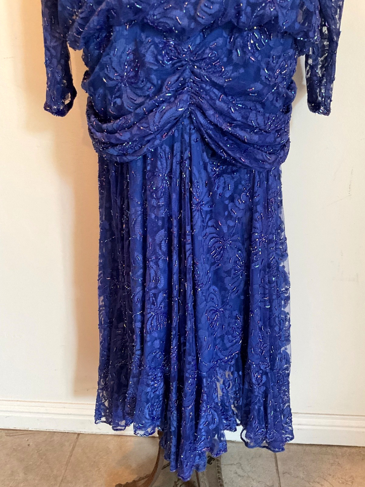 VTG 80s Art Deco Beaded Drop Waist Lace Gown Dark Blue Judith Ann Sz. Medium