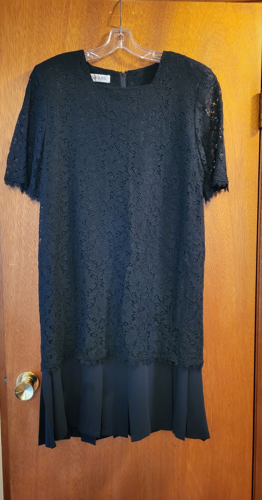 Vintage MS Chaus Dress Black Lace Over Dropped Pleated Chiffon Skirt Sz 12/14