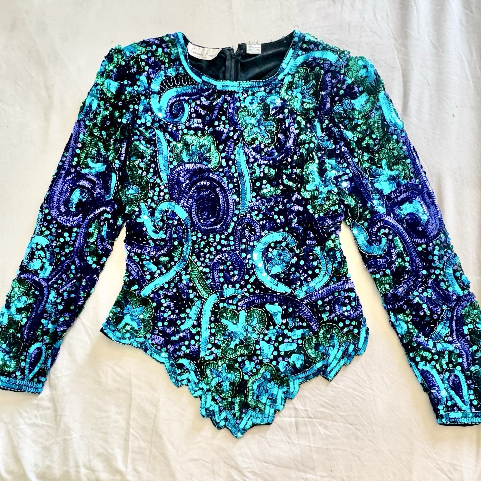 Vtg 100% Silk Blue Green Sequins & Beads Long Sleeves Blouse By Lawrence Kazar