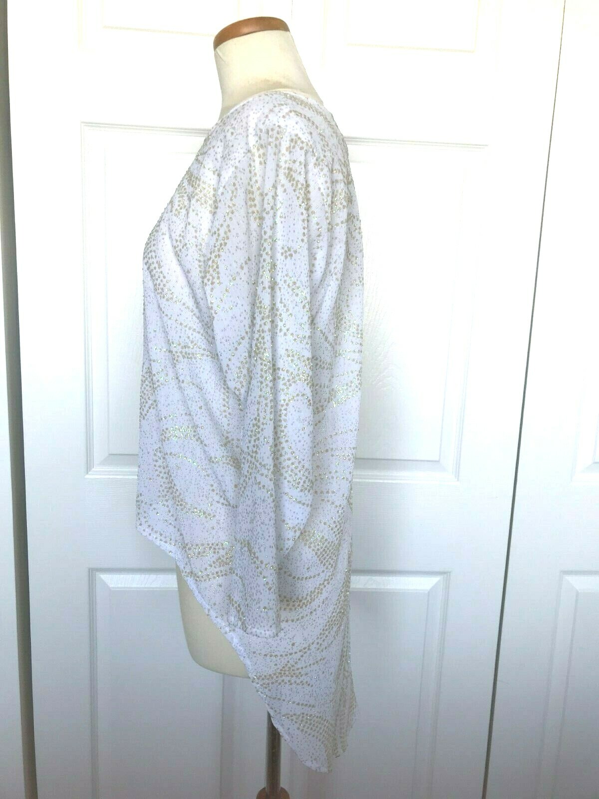 Women vtg disco blouse beads sequin top white gold Francine Browner Rumours 44″