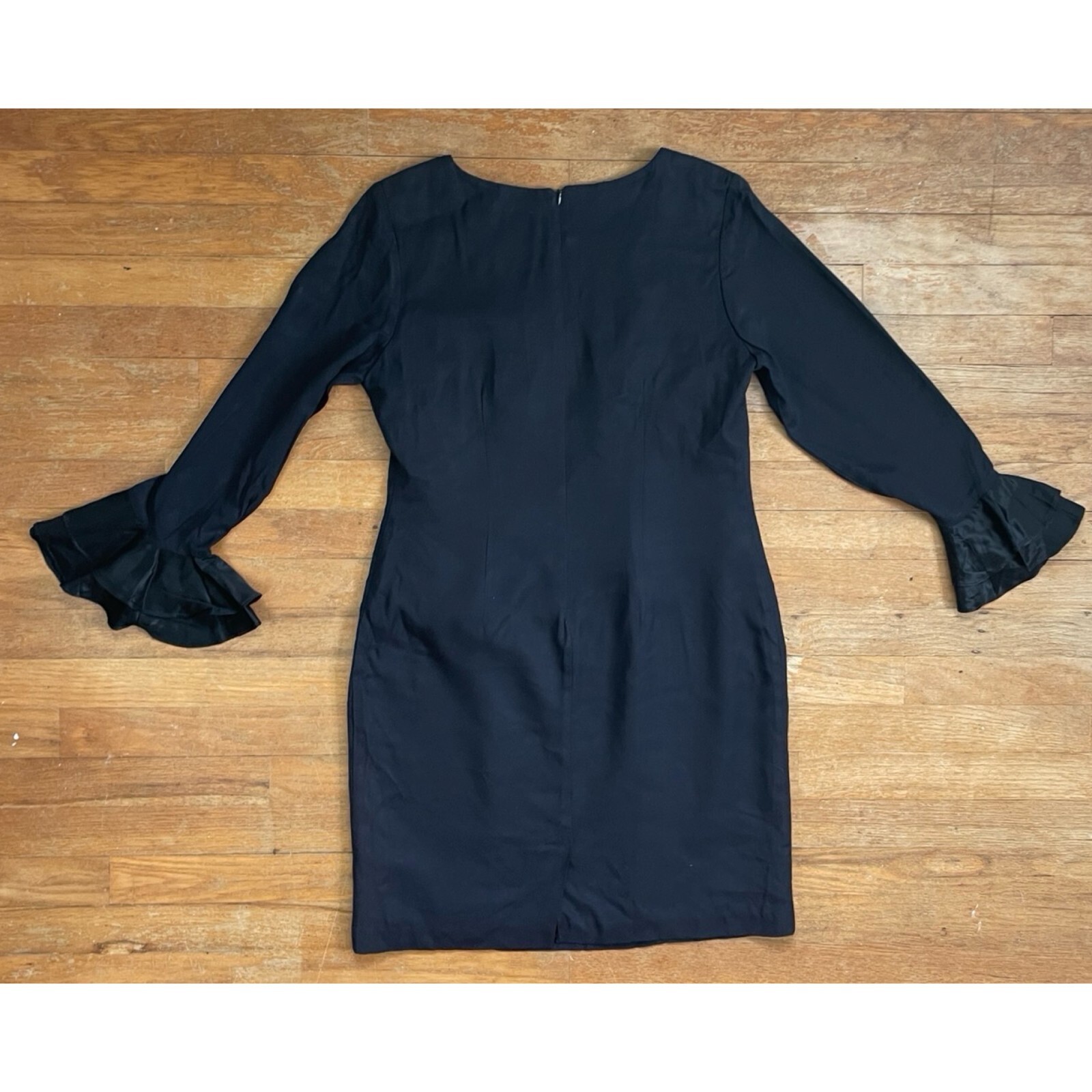 Vintage Black Cocktail Dress Size Medium 1990s Crepe Sheath with Ruffle Cuffs