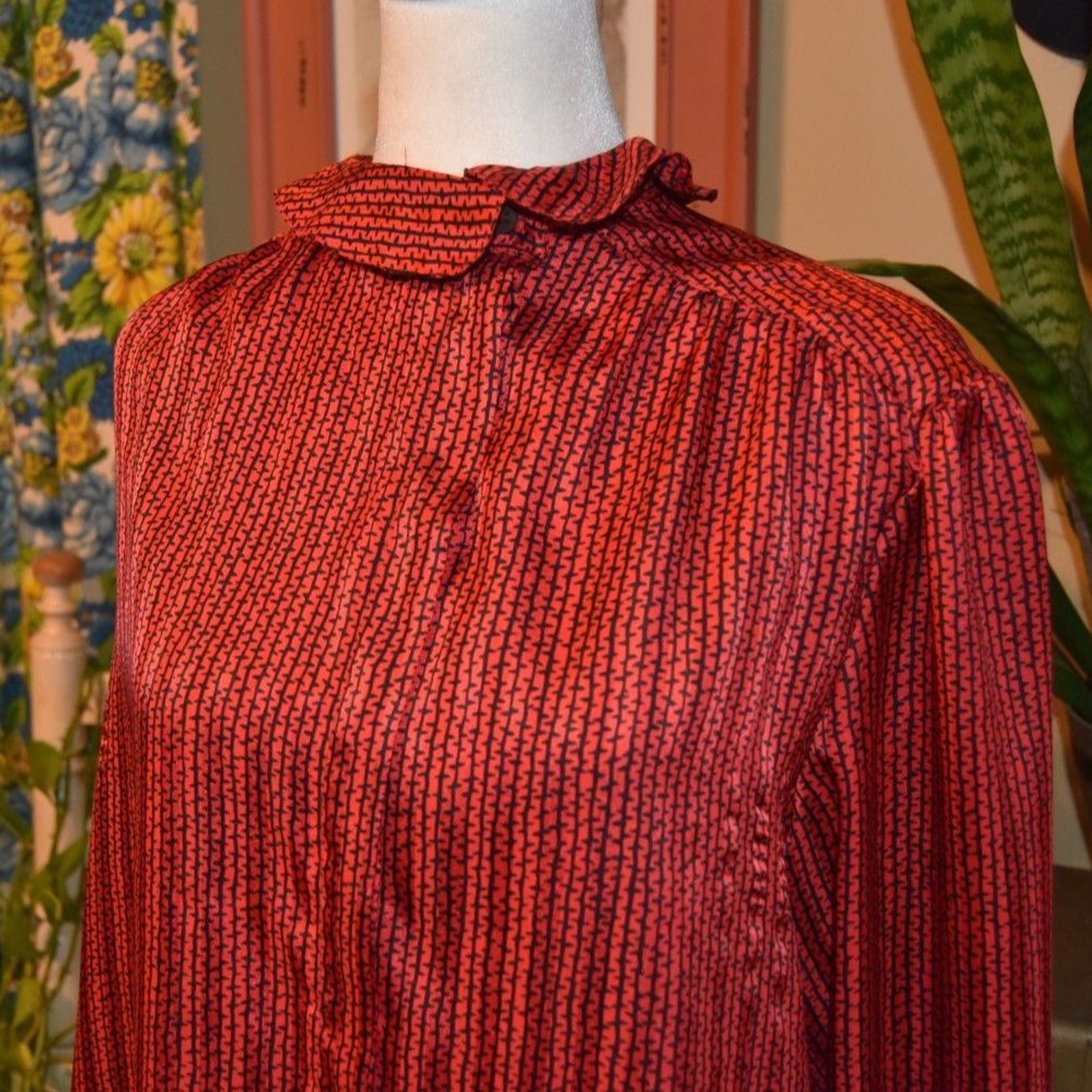 Vintage 80s Evan Picone Secretary Blouse Ruffle Neckline Red and Black Size XL