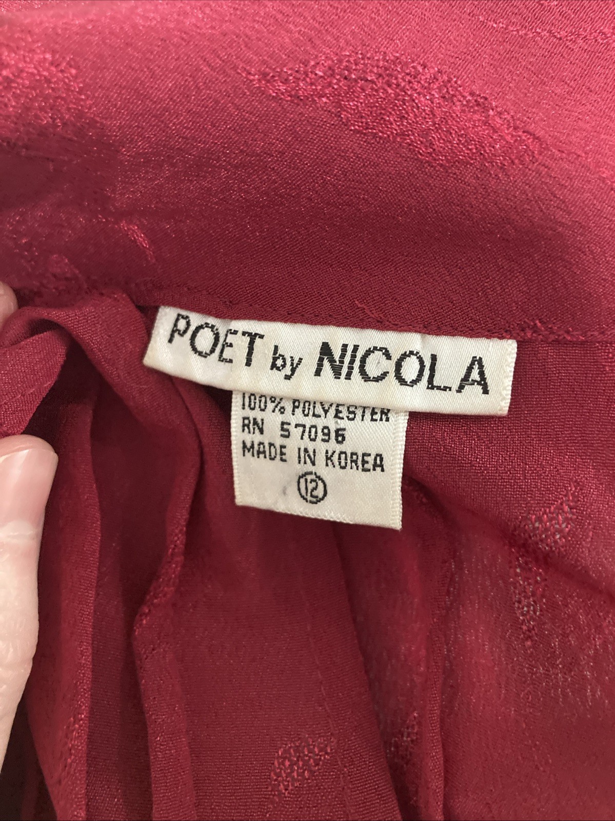 Vtg 80s Poet by Nicola Blouse Size 12 Red Pussybow Tie Neck Leaf Jacquard Korea