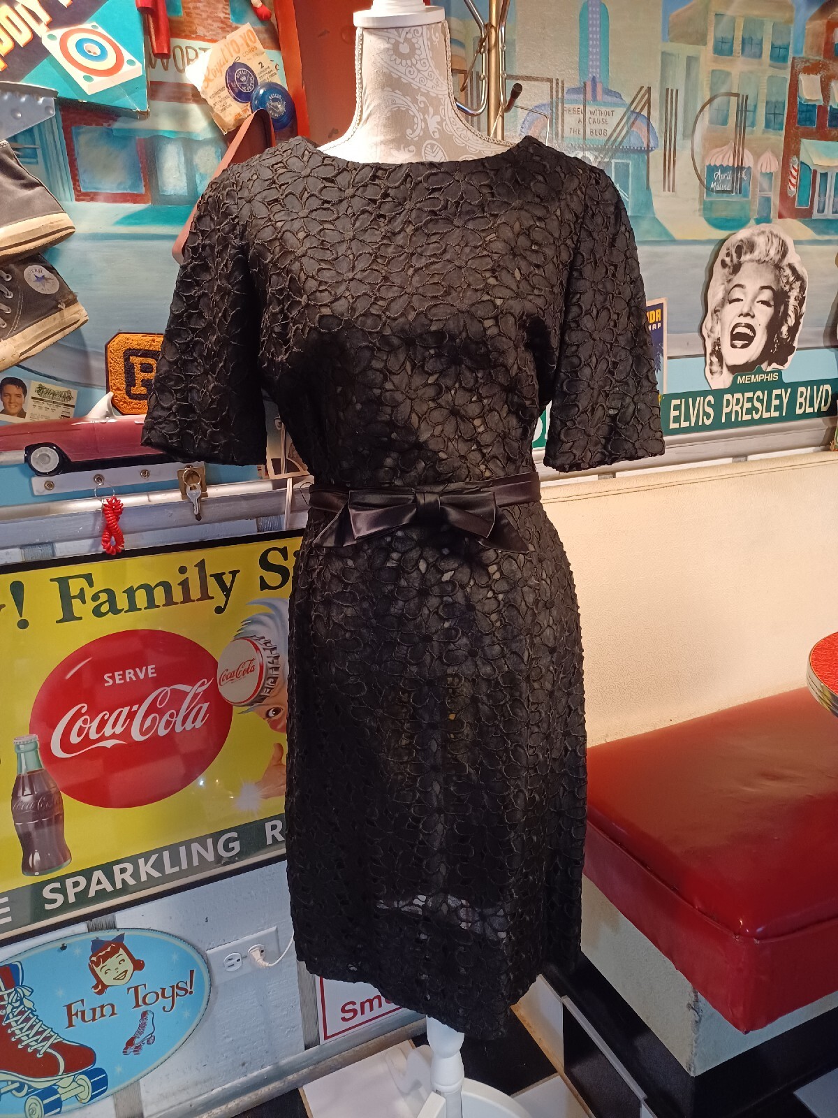 True Vtg Mid-century 1950s 1960s Black Embroidered Cutout Cocktail Dress Mod MCM