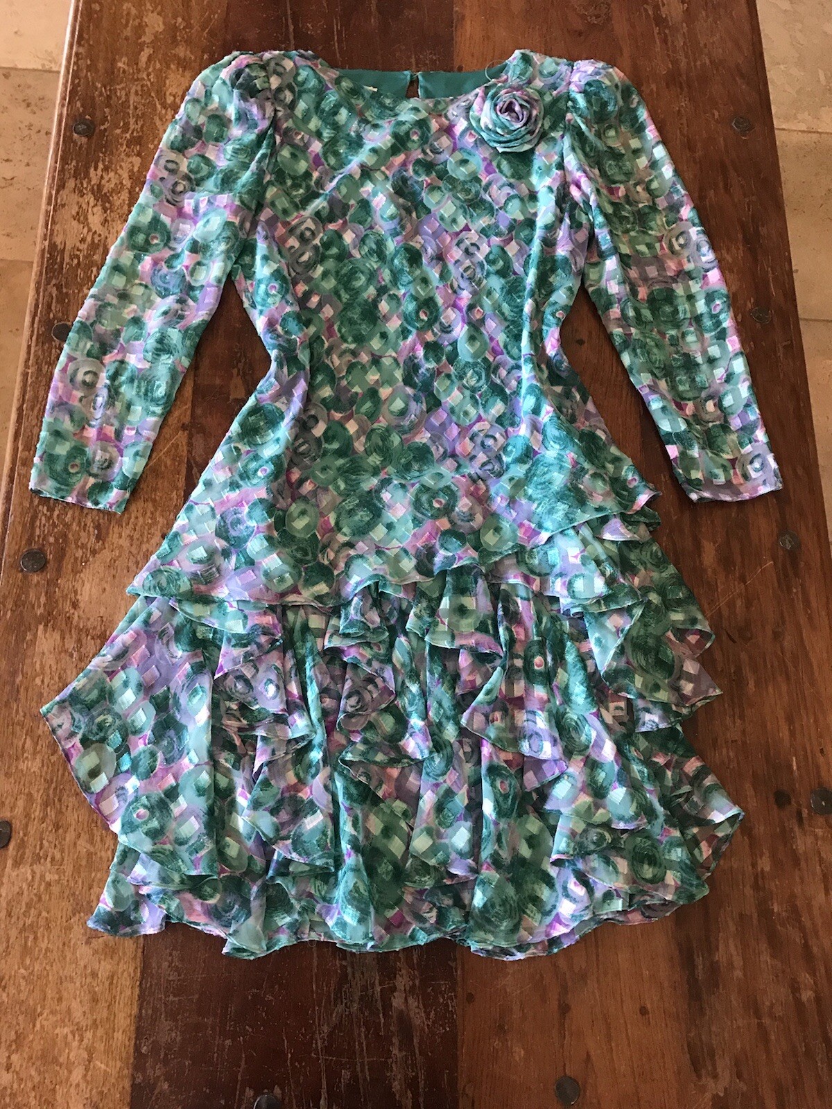 VTG 80s avant-garde Art Deco dress swirl drop waist flower bright party formal