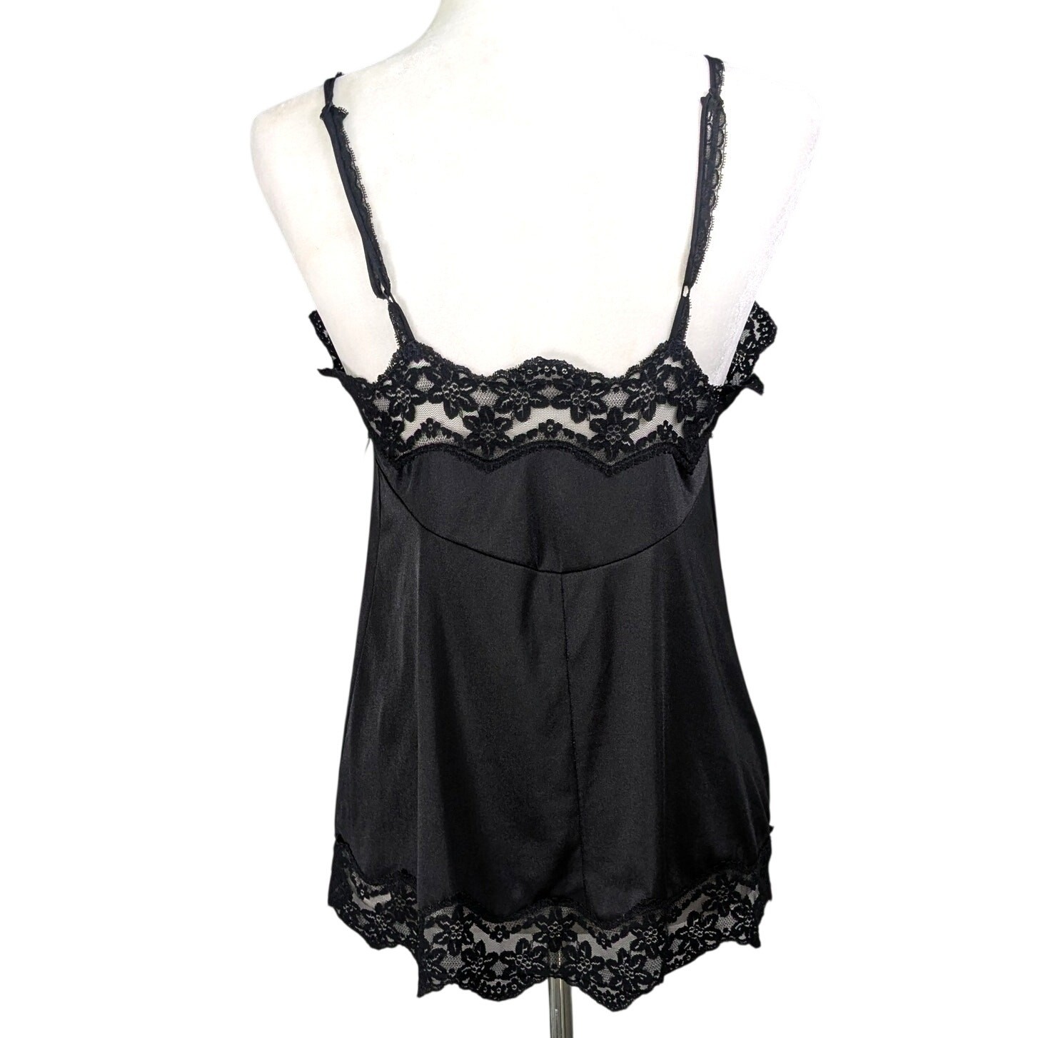 Vintage 70s Glydons Hollywood Nylon Black Floral Lace Keyhole Slip Cami Medium