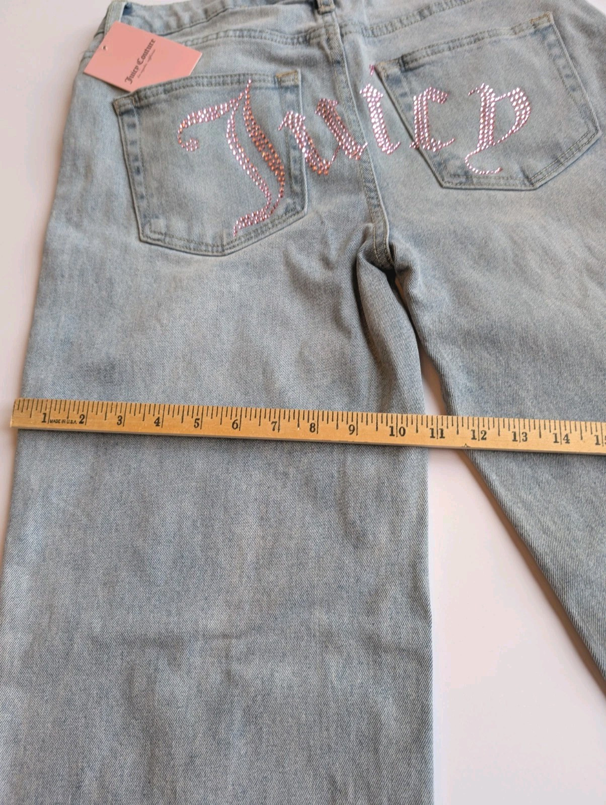 Juicy Couture Light Wash Rhinestone Embellished Jeans 7/28 Wide Leg Hi Rise Y2K
