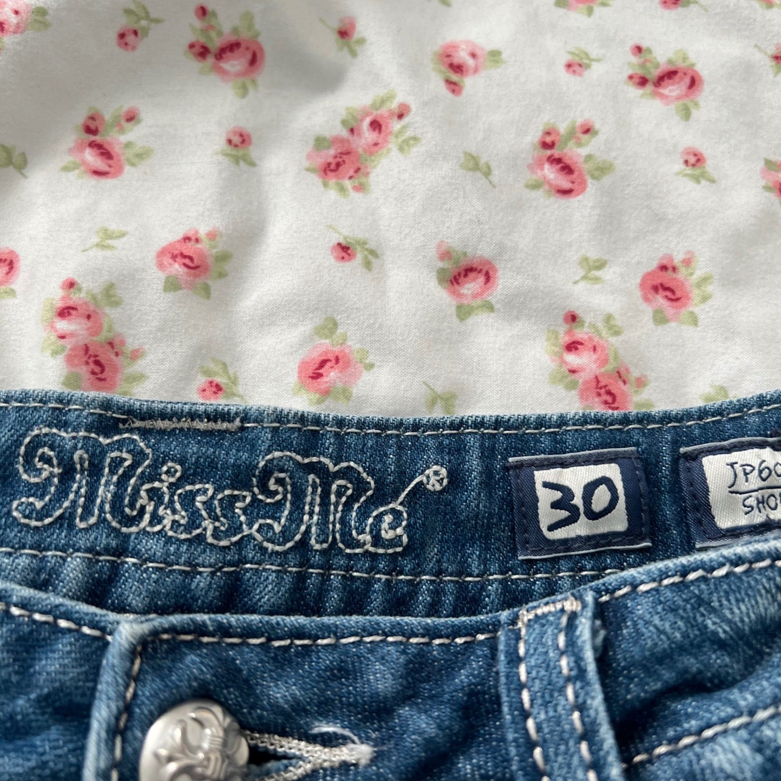vintage y2k miss me low rise denim shorts with rose embellished back pockets