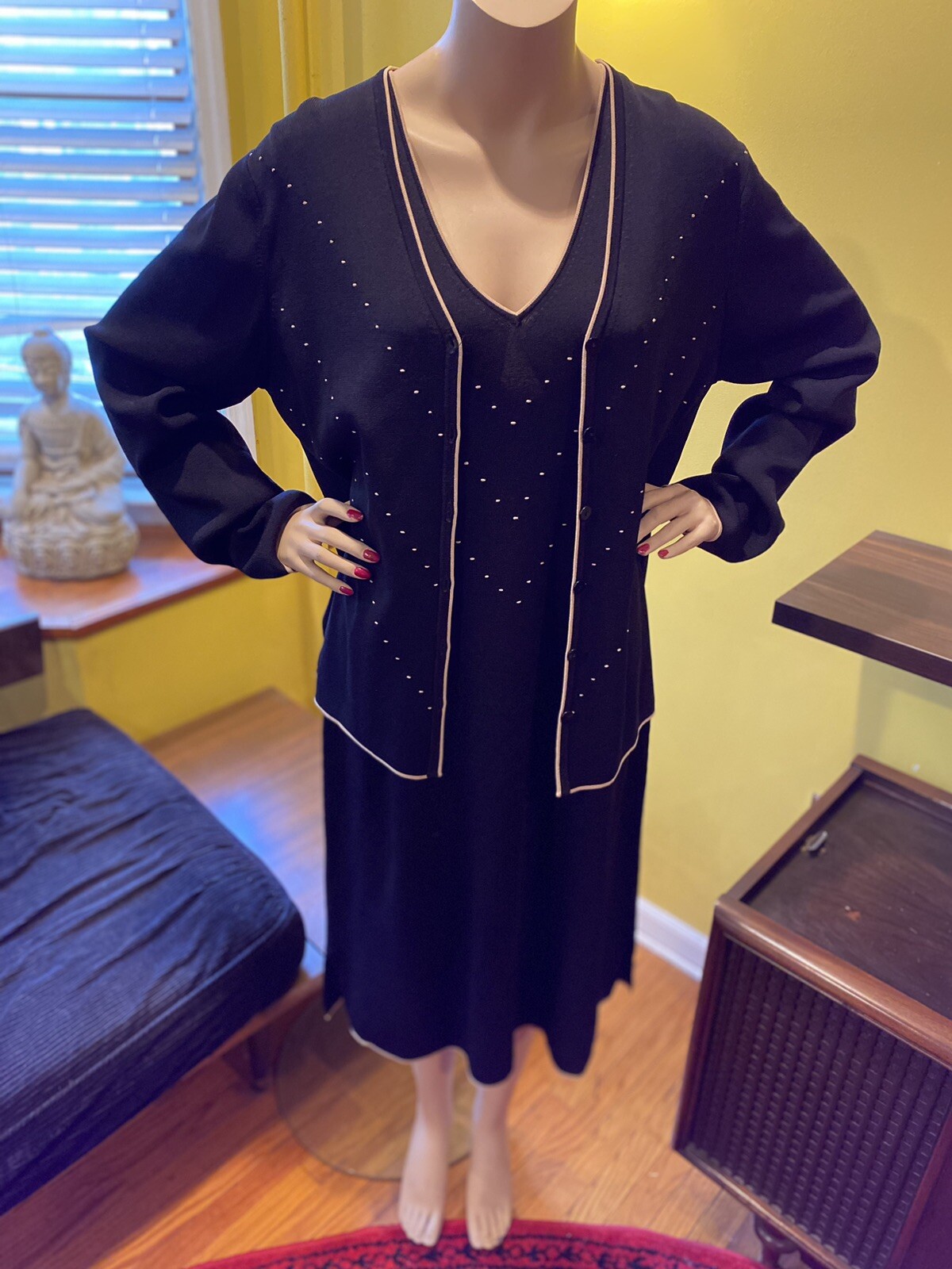 VINTAGE 1980’s MAX STUDIO Dress and Cardigan Set Black with Beige Trim SIZE XL