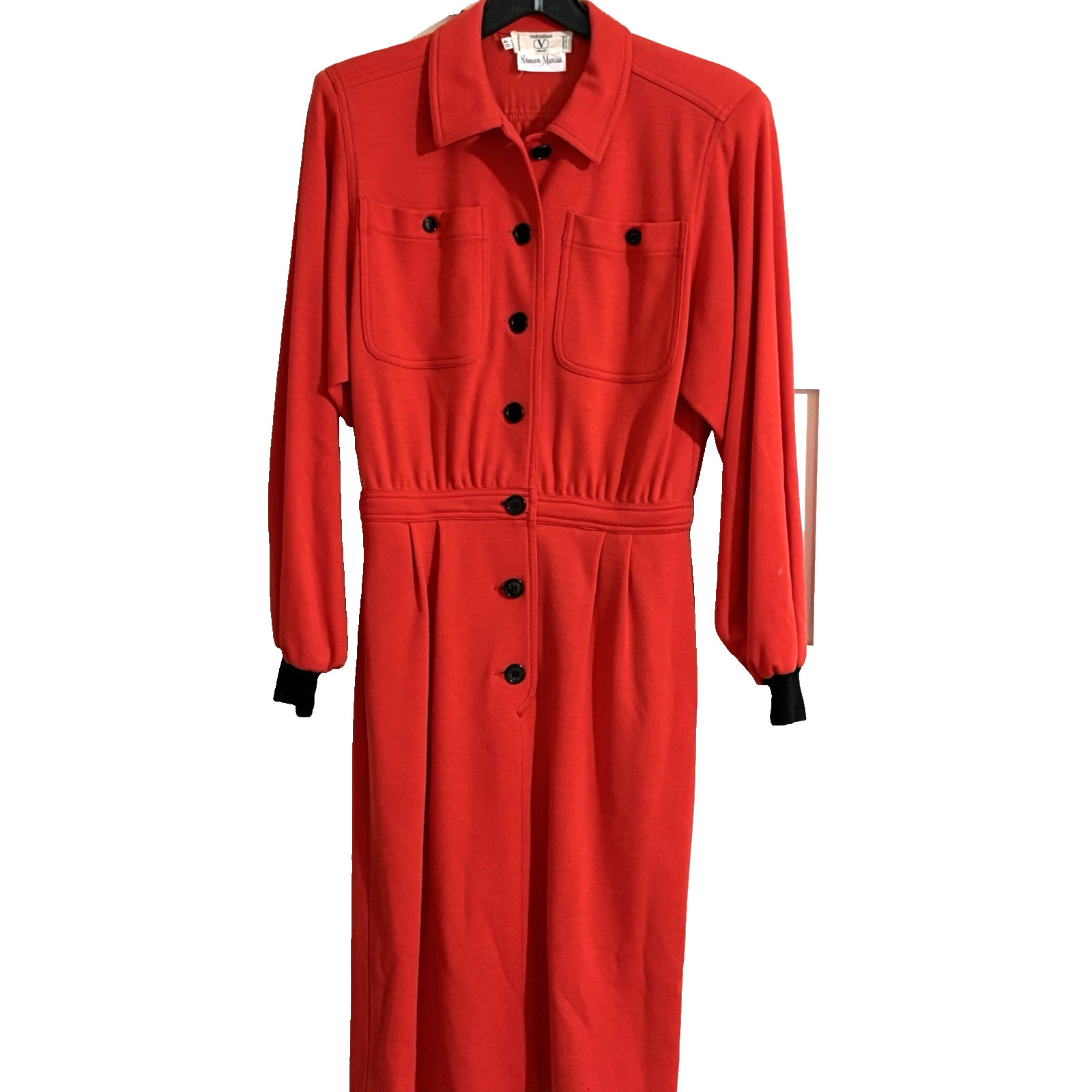 Vtg 80’s Valentino Miss V Dress Sz 6 42 Red Wool Long Sleeve Utility Dress Shirt