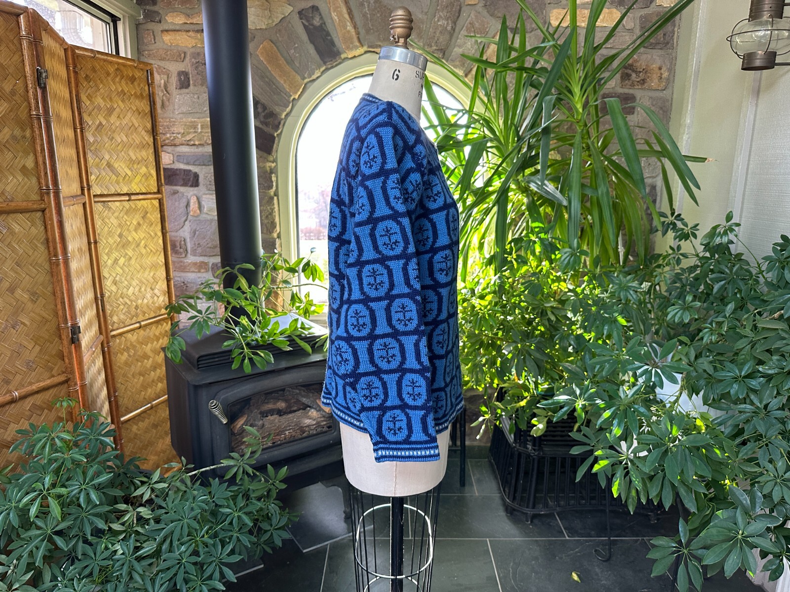 Vintage 1980s 2 Tone Blue Wool Cardigan Sweater with Shoulder Pads J Christopher