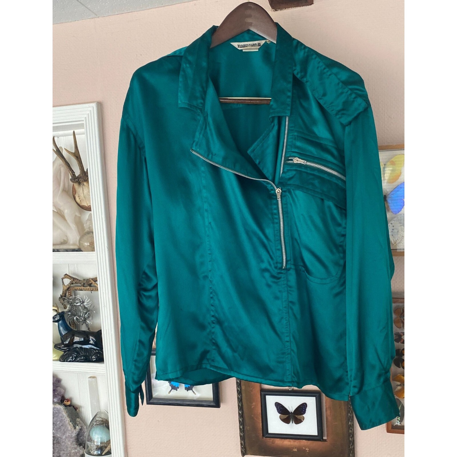 VTG Pancaldi & B Italy silk Blouse zipper S M Italy top emerald green
