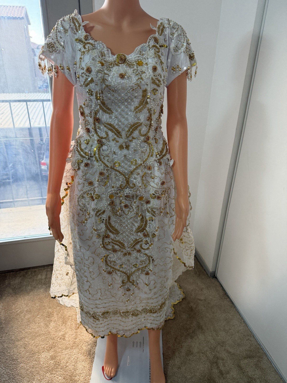 Vintage Ivory Gold Beaded Dress XS Formal Handmade Embellished Gow