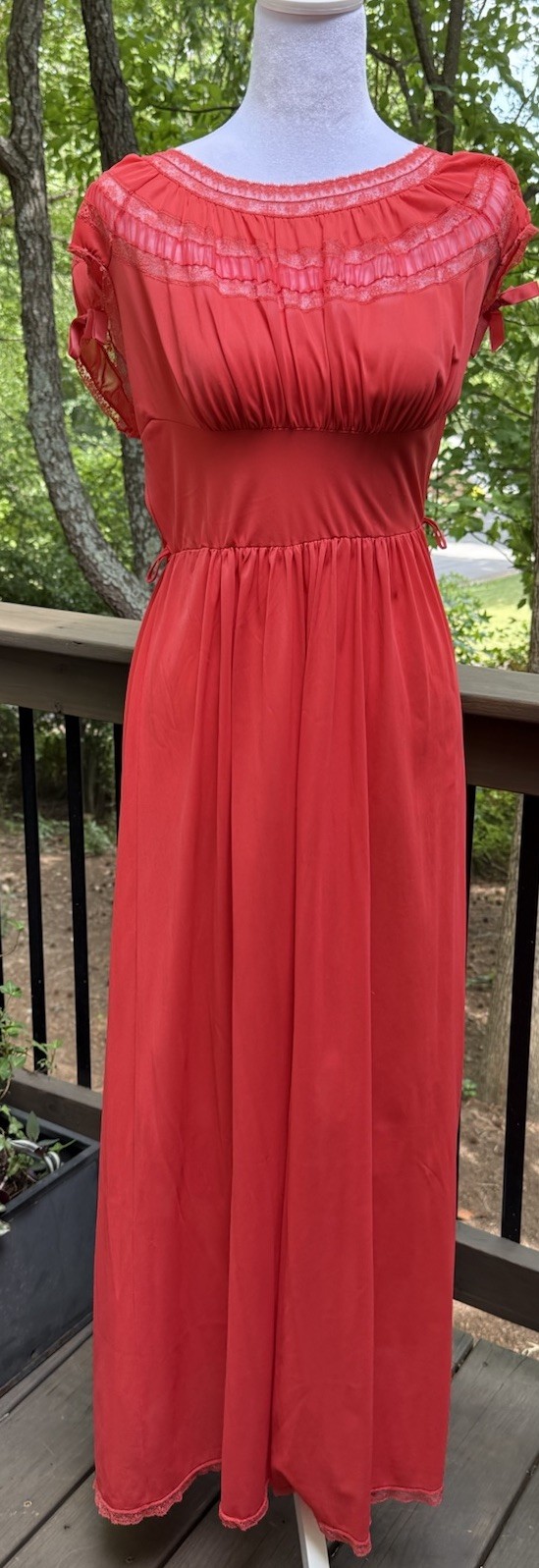 Vtg 60s Nightgown Chiffon Pleat Maxi Empire Goddess Siren Red Lace Nylon M 36 38