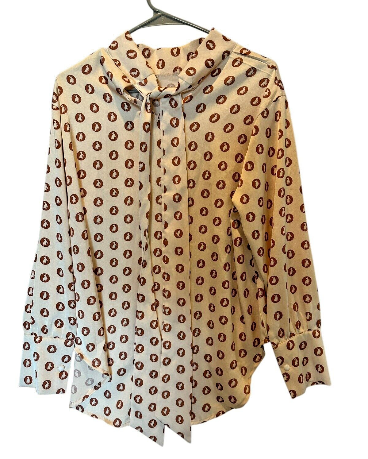 Vintage 80’s Summer Blouse Shirt Top Medium Cream Maroon Polka Dot Animal Print