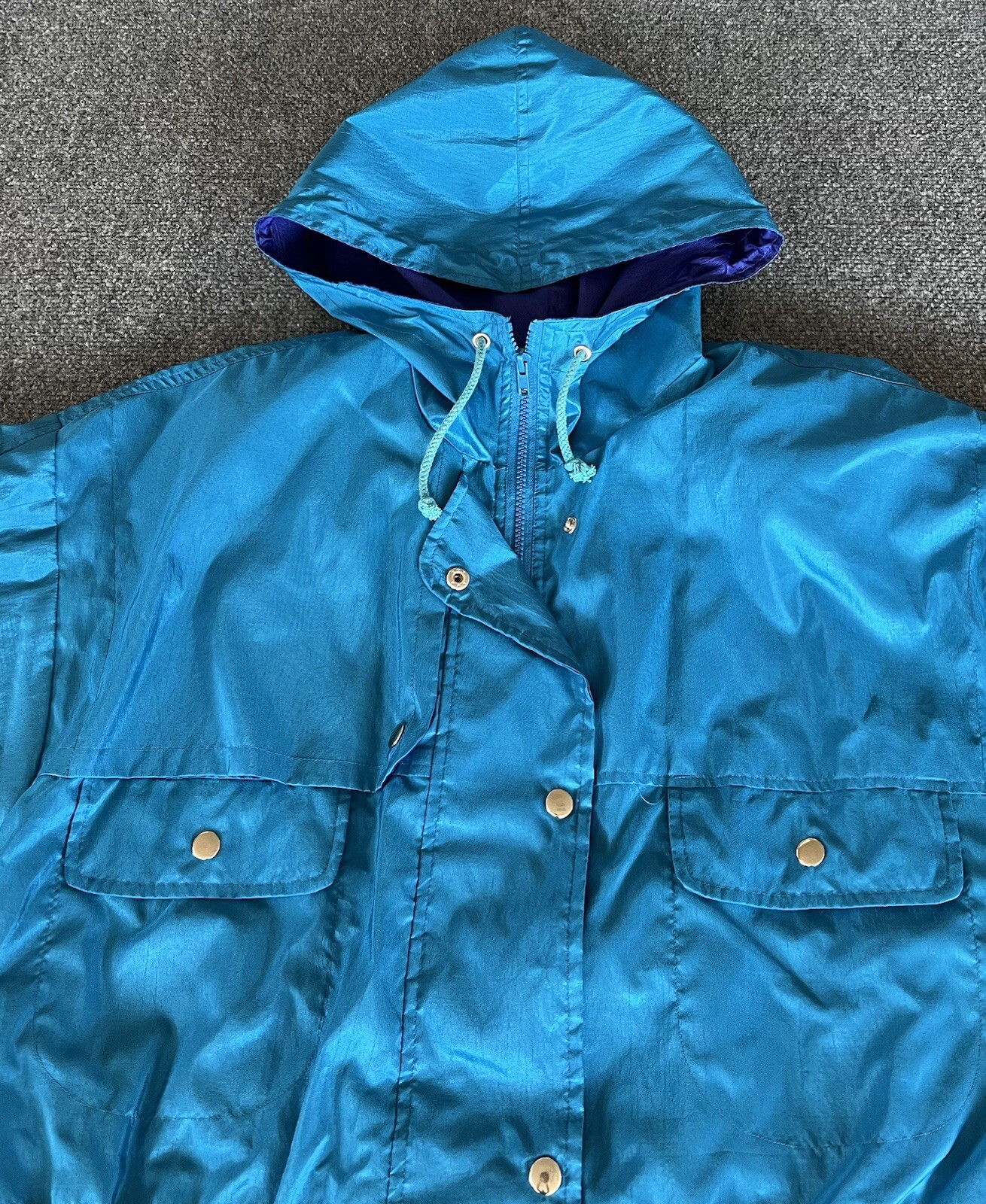 Maggie Sport Womens L VTG 90s Windbreaker Raincoat Blue Purple Zip Hooded