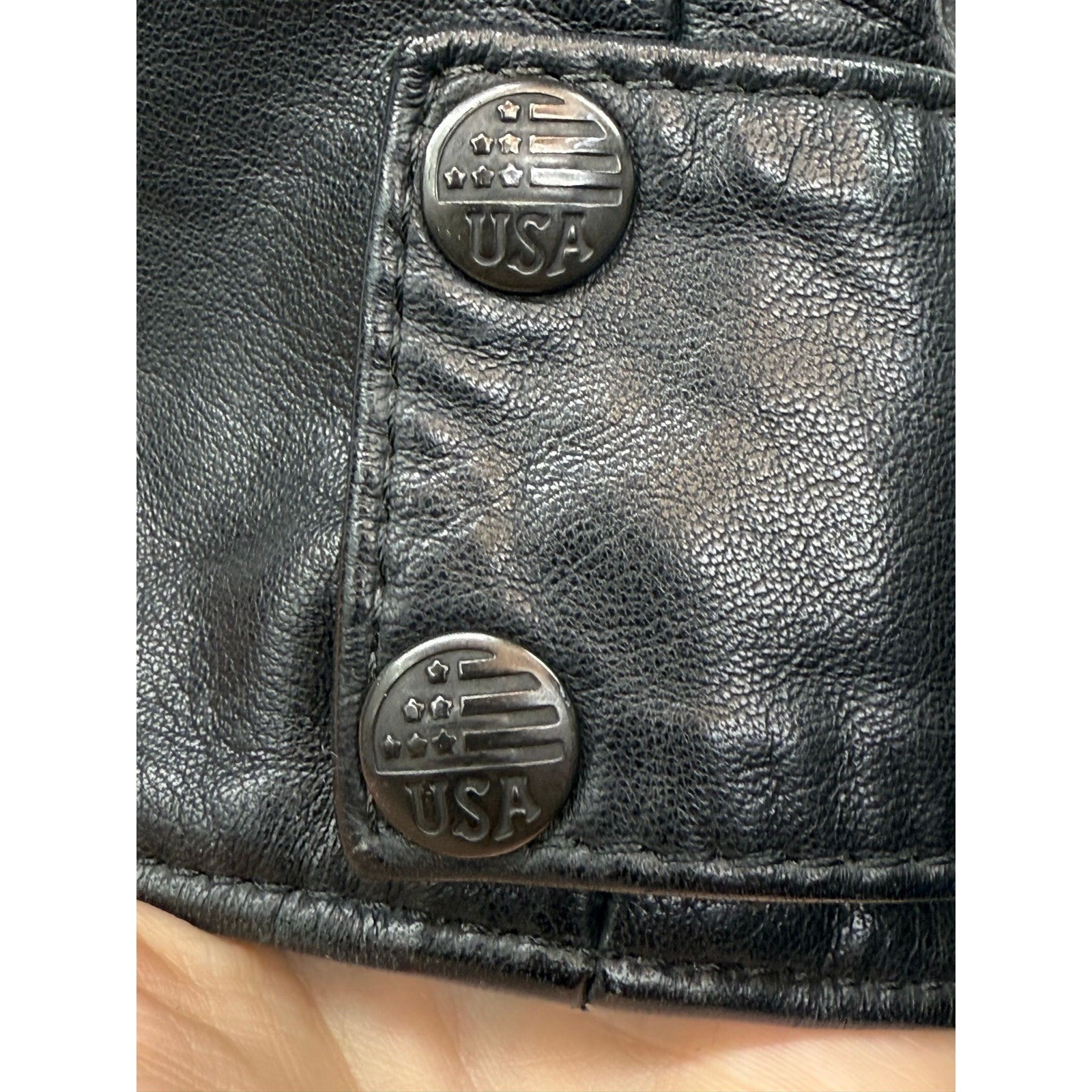 VTG Made in USA Black Leather Wrap Snap Vest Biker Rock Sz L-Runs small PTP 17″
