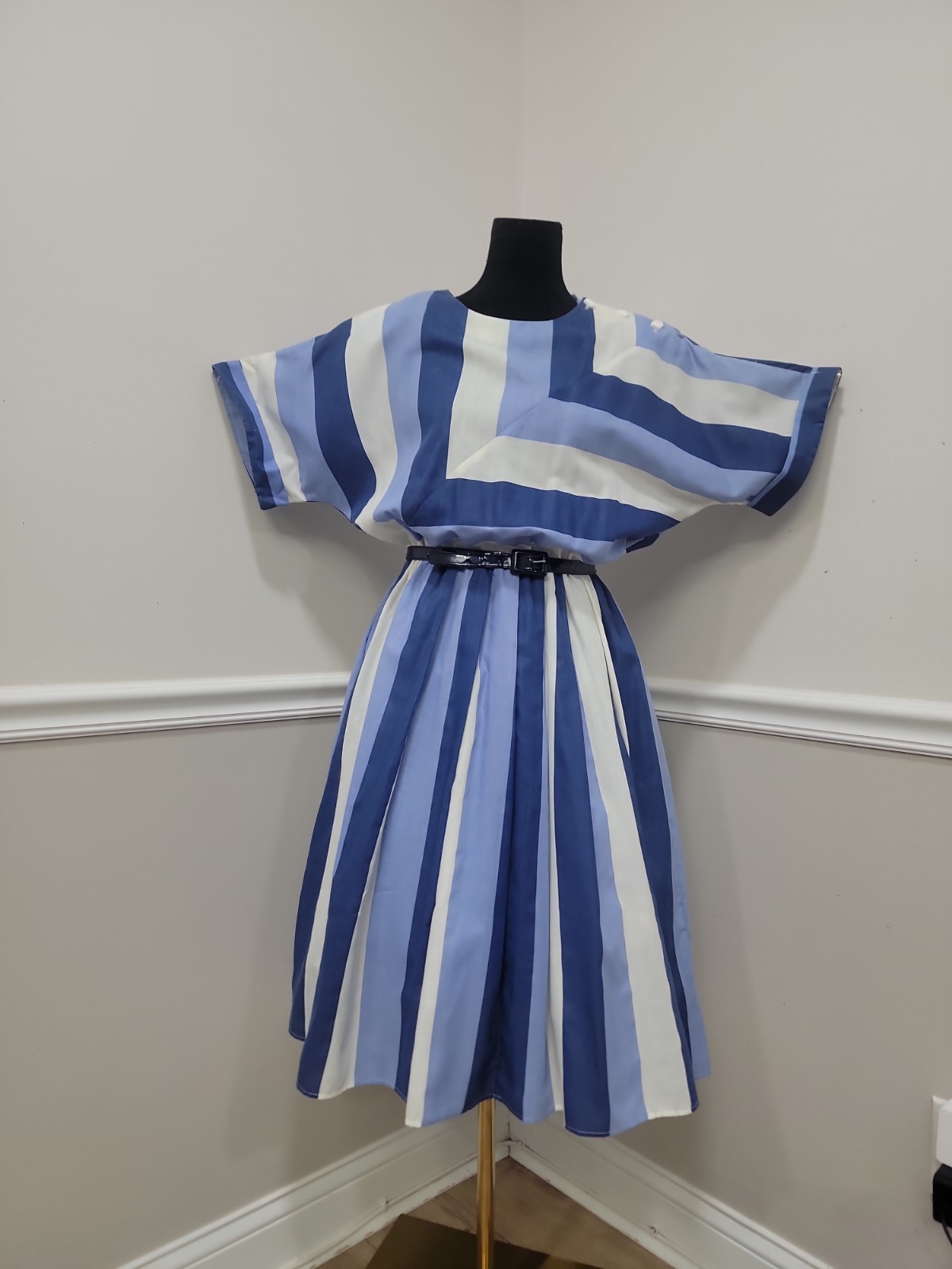 80s Blue White Striped Dolman Sleeve Pleated Dress Belted Nautical Party Dress