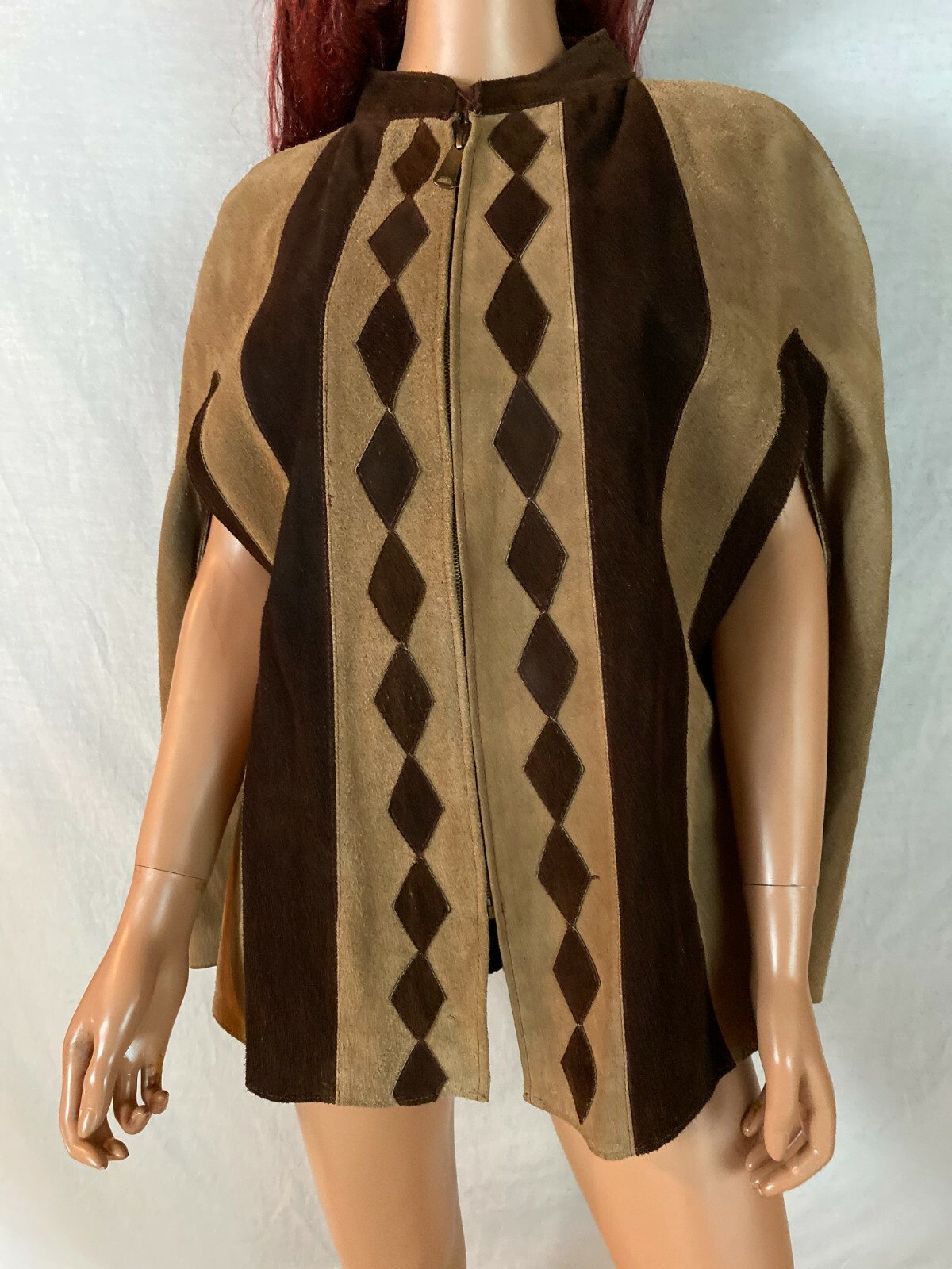 Vtg 60-70s Cape Poncho Coat 2 Tone Brown Diamond Art Love Zip Birds Back Hippy S