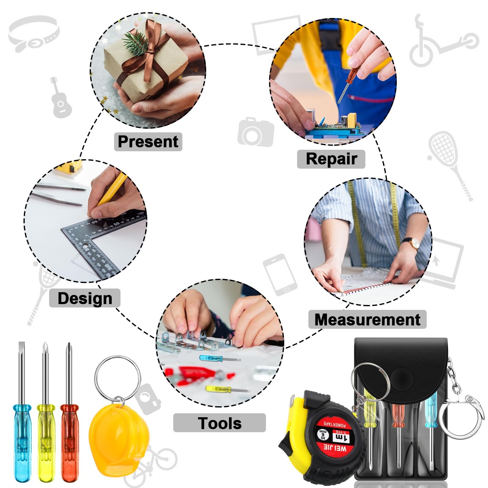 Jutom 45 Pcs Mini Construction Helmet Keychains Tape Screwdrivers Tool Adult Men