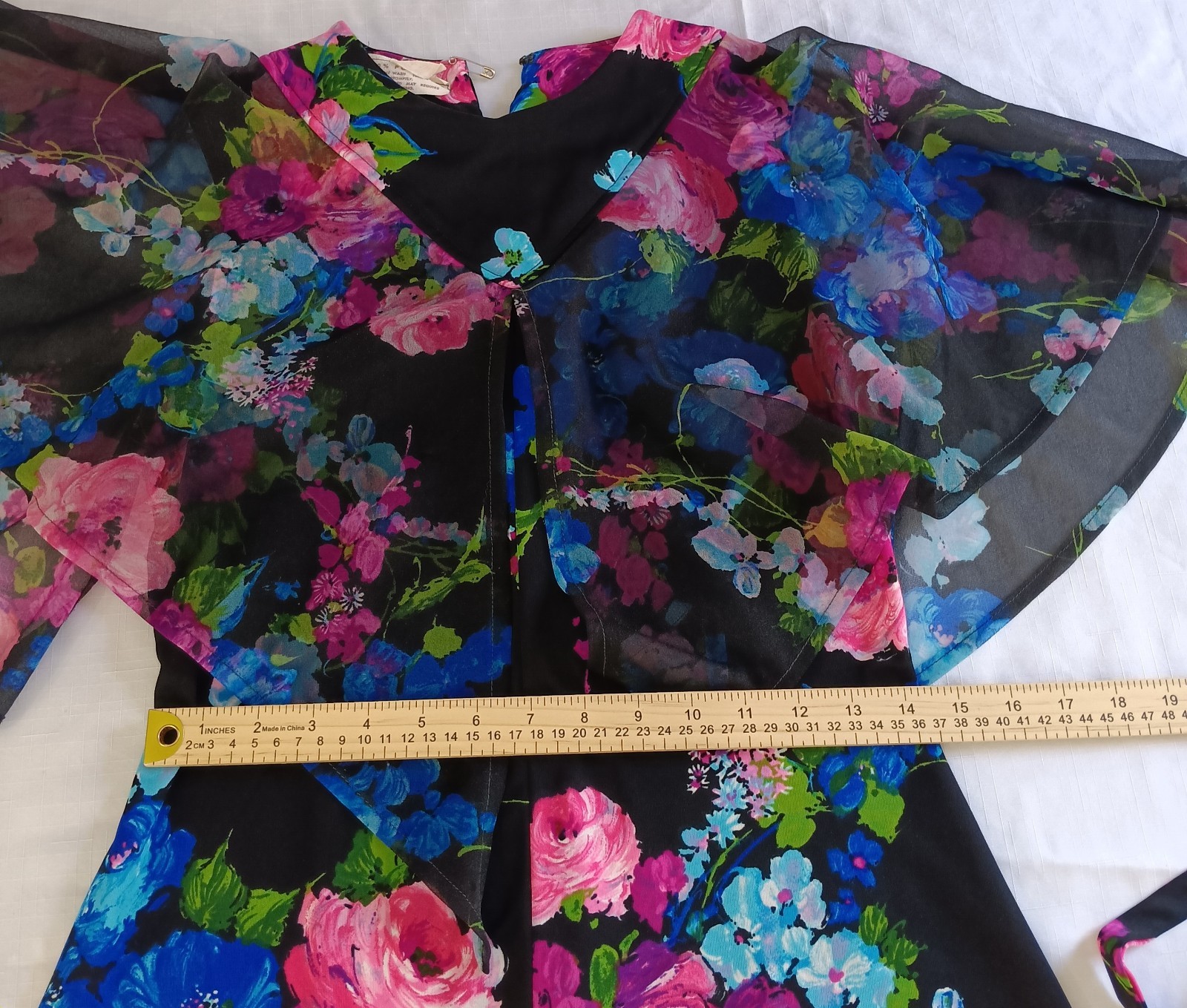 Vintage Floral Cape Sleeve Secretary Dress Black Pink Blue Chiffon Belted Sheer