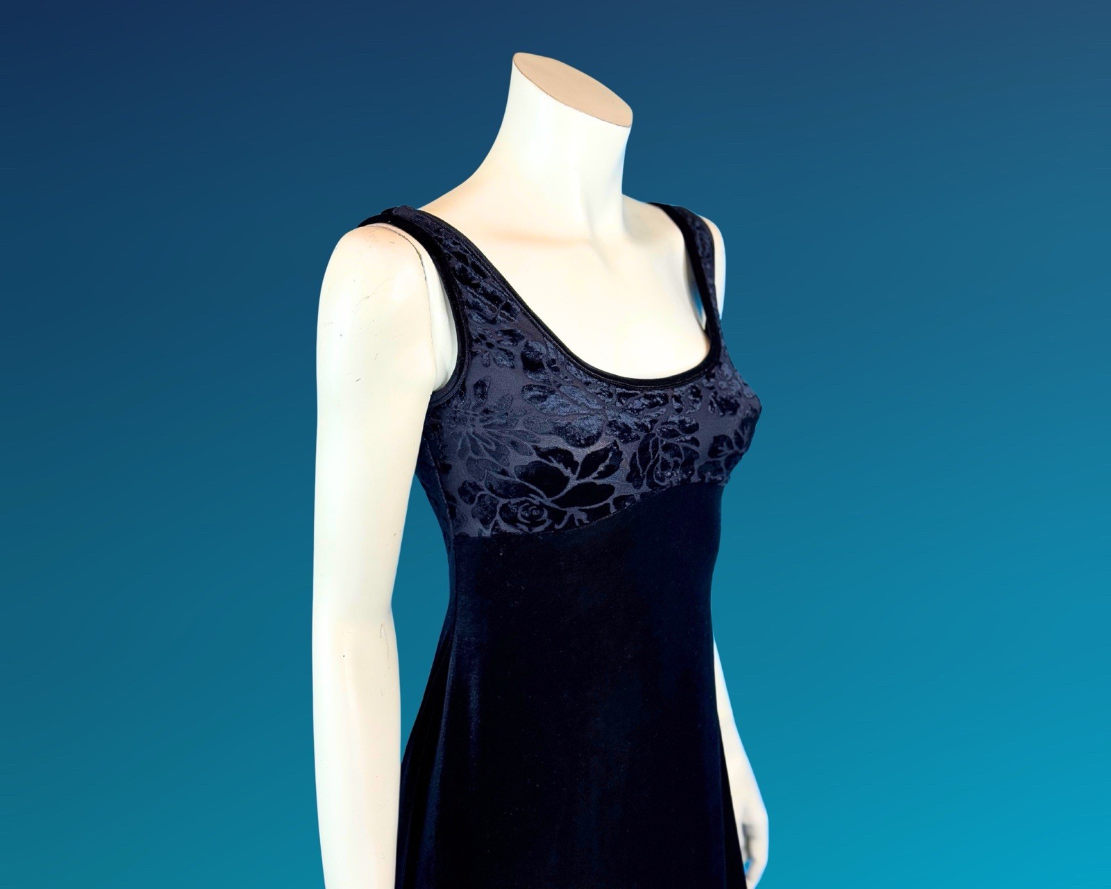 90s Black Cut Velvet Empire Waist Maxi Slip Dress XS