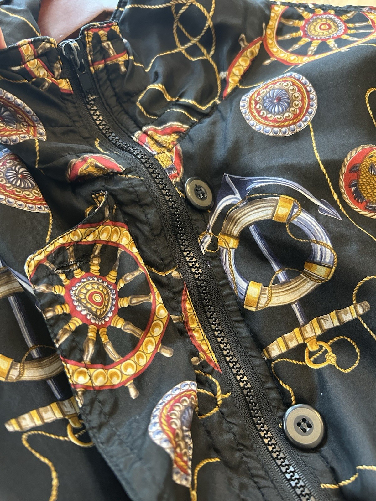 Vintage 1980s Old Money Nautical Silk Bomber Jacket Coat Oversized Zip Buttons M