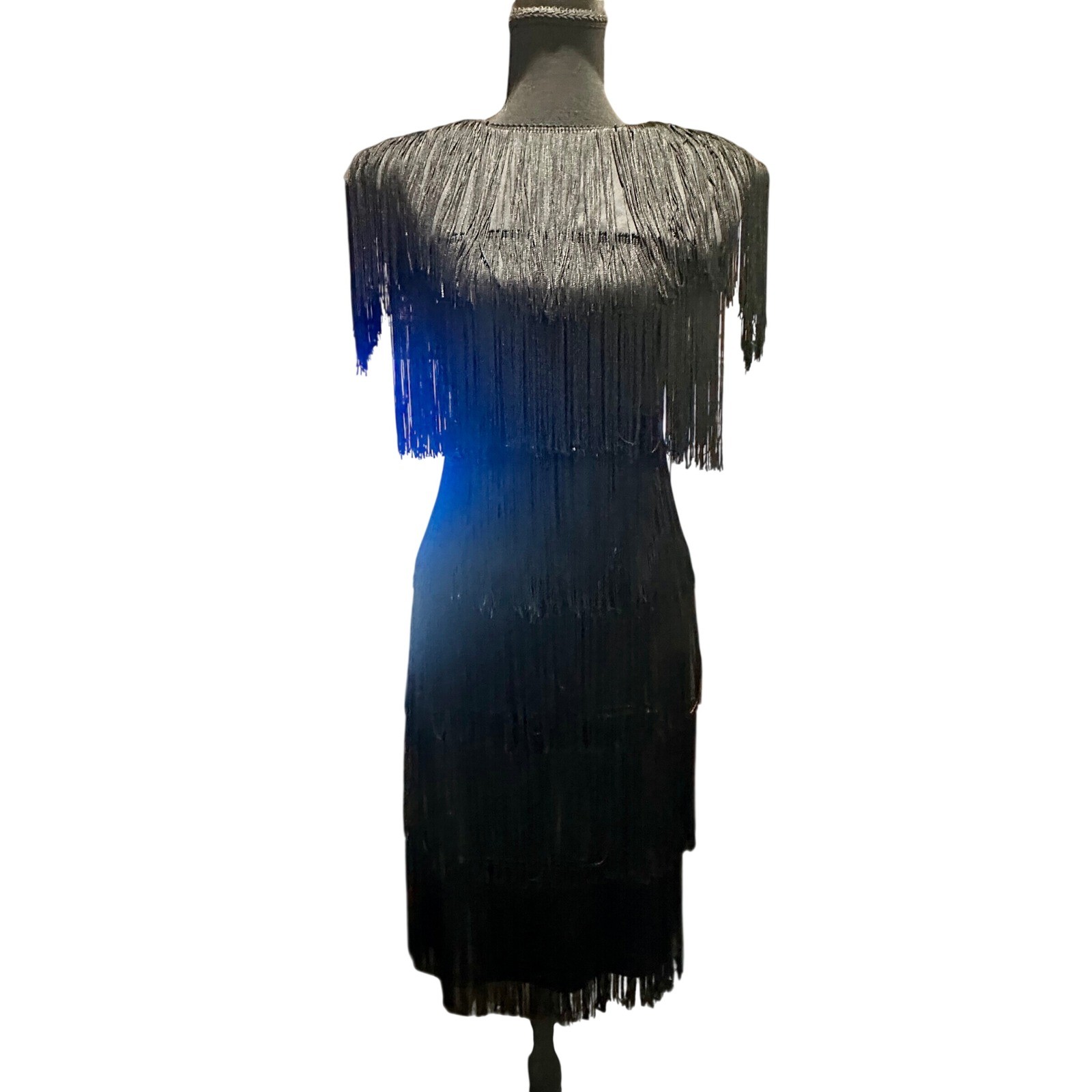 HW Collection Vintage Black Fringe Tiered Flapper Cocktail Dress Womens 8 USA