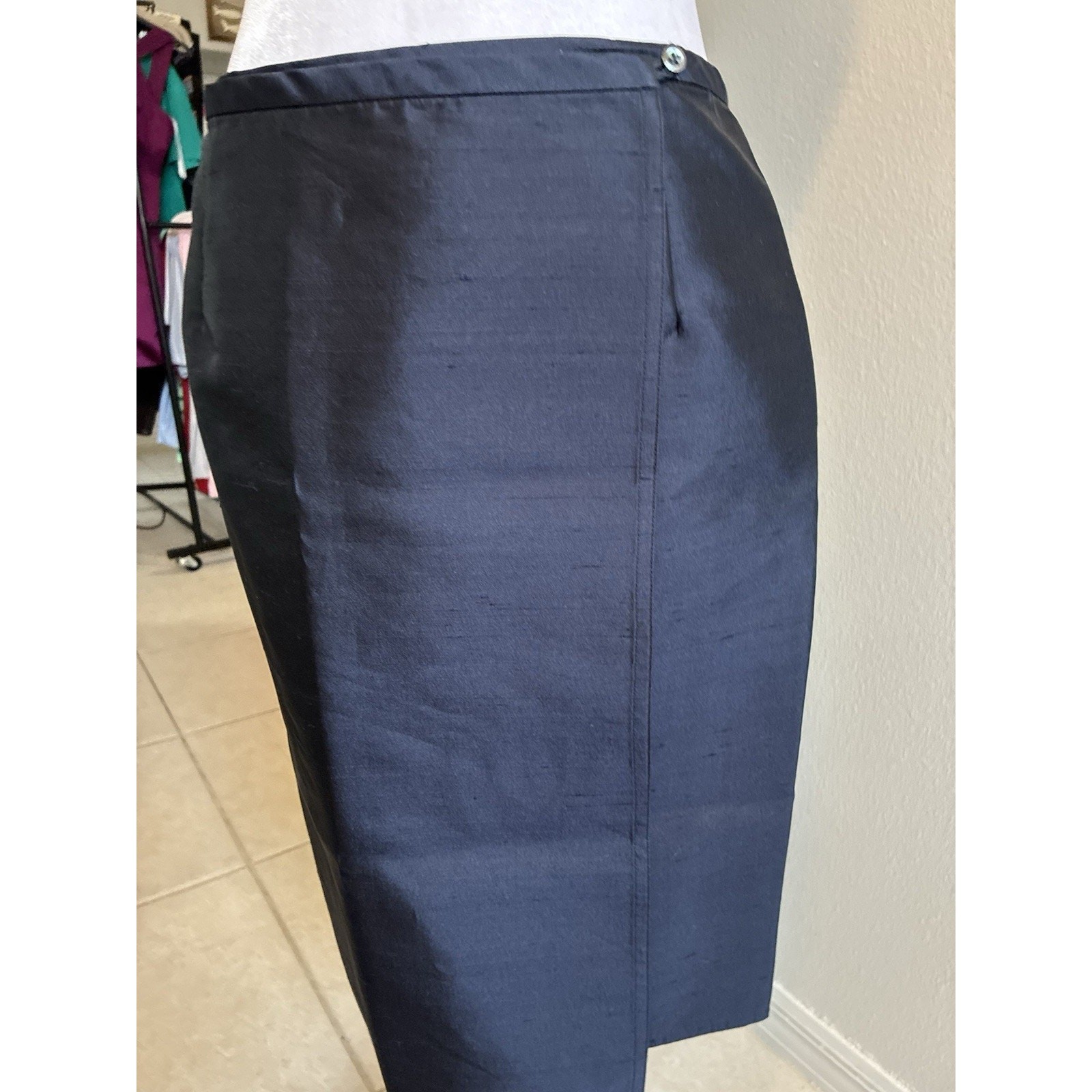 Vtg 90s Ralph Lauren Navy 100% Silk Dupioni Wrap Skirt USA UNITE Slubbed Silk 6