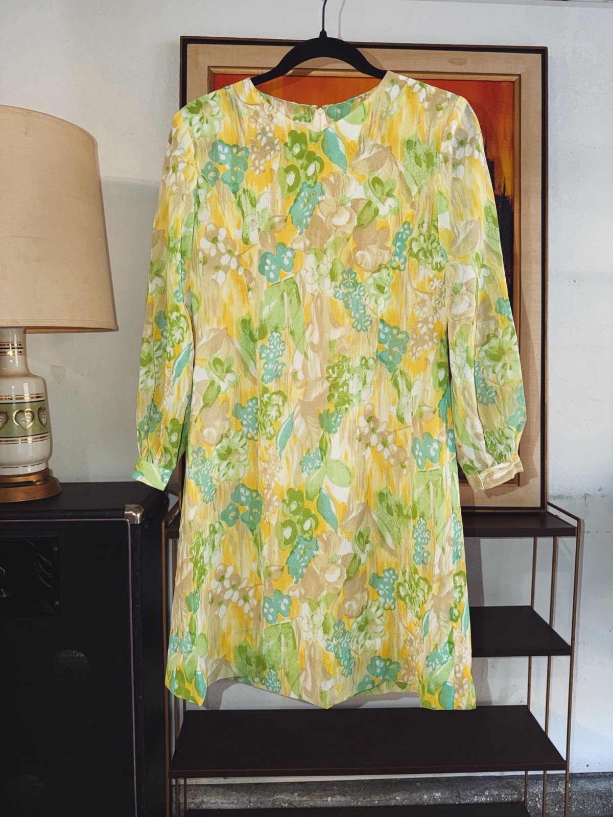 Vintage 1960s Floral Shift Dress Yellow Green Mod Mini Dress