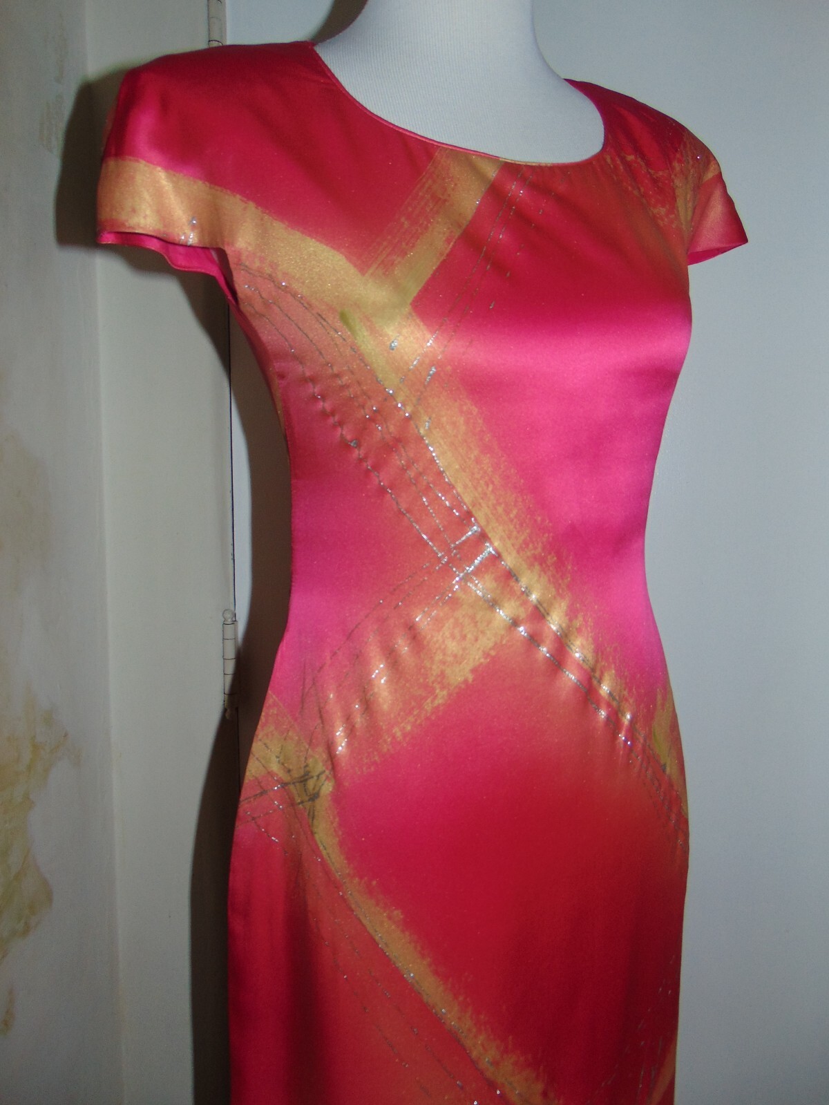 William Pearson Designer Vintage Dress Cheongsam Slit Rose Pink Gold Silver sz 6