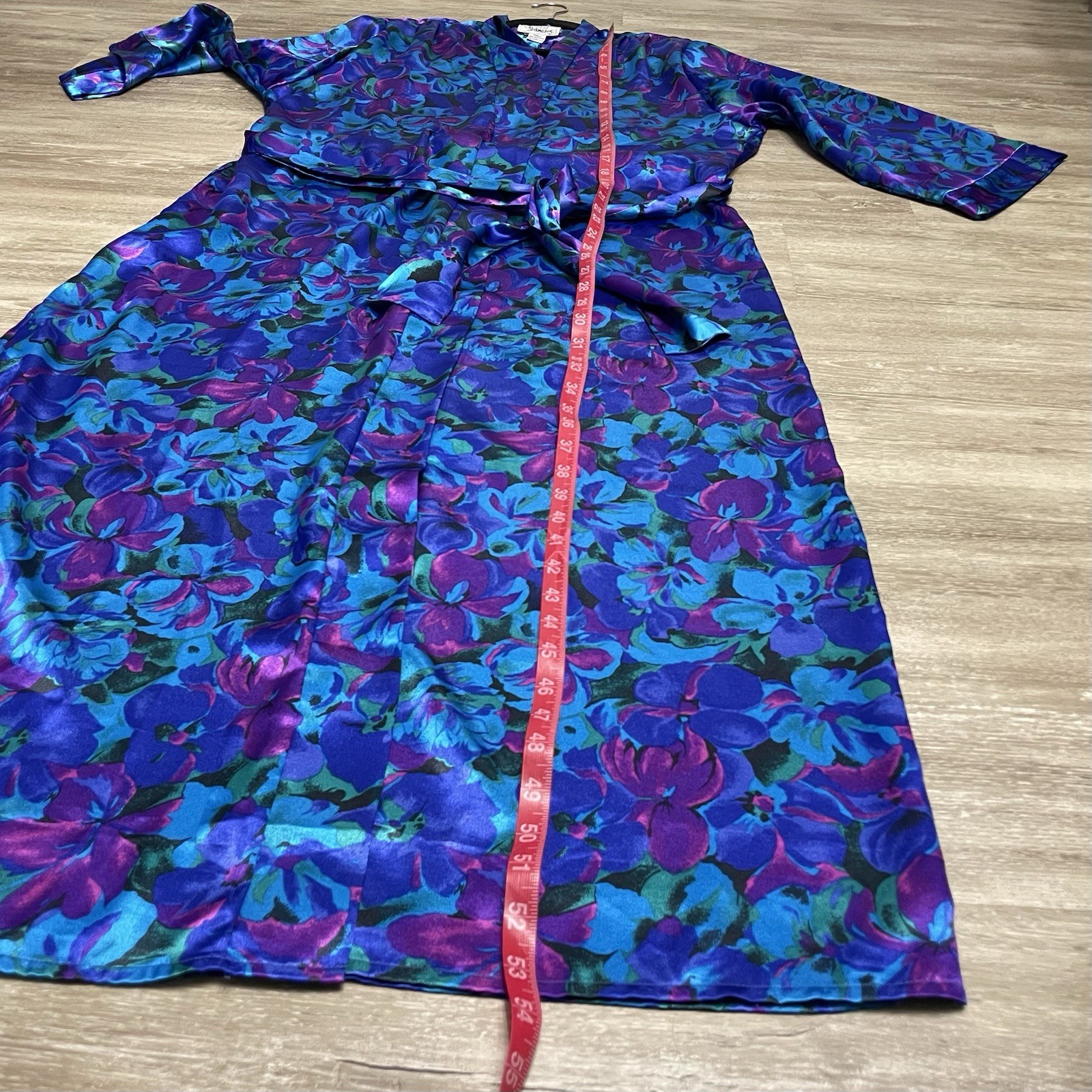 Vintage J.O. Intimates 80s Purple Blue Satin Long Floral Robe Sz S Hong Kong