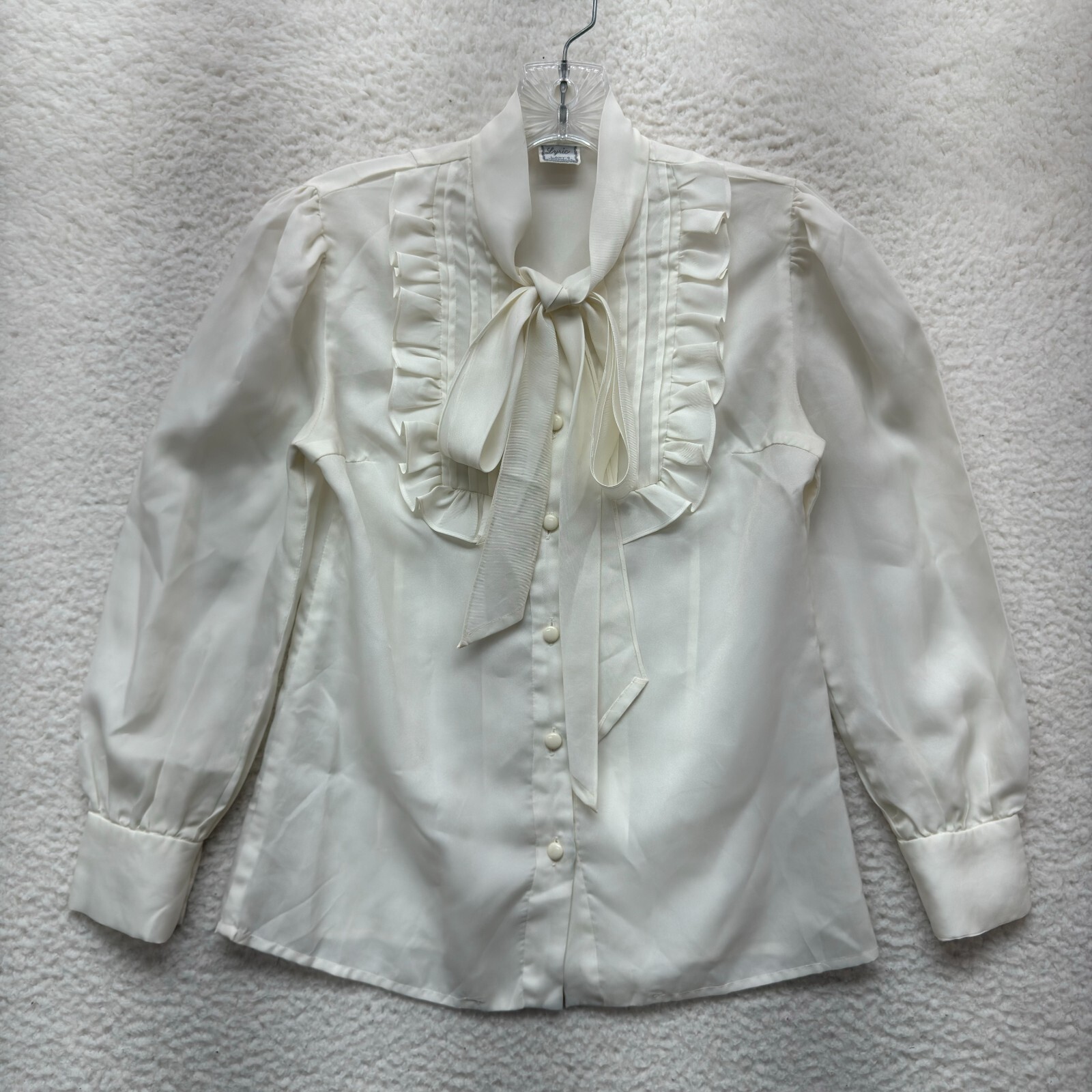 Vintage Edwardian Victorian Top S Small Cream Off White Chiffon Mesh Pussy Bow