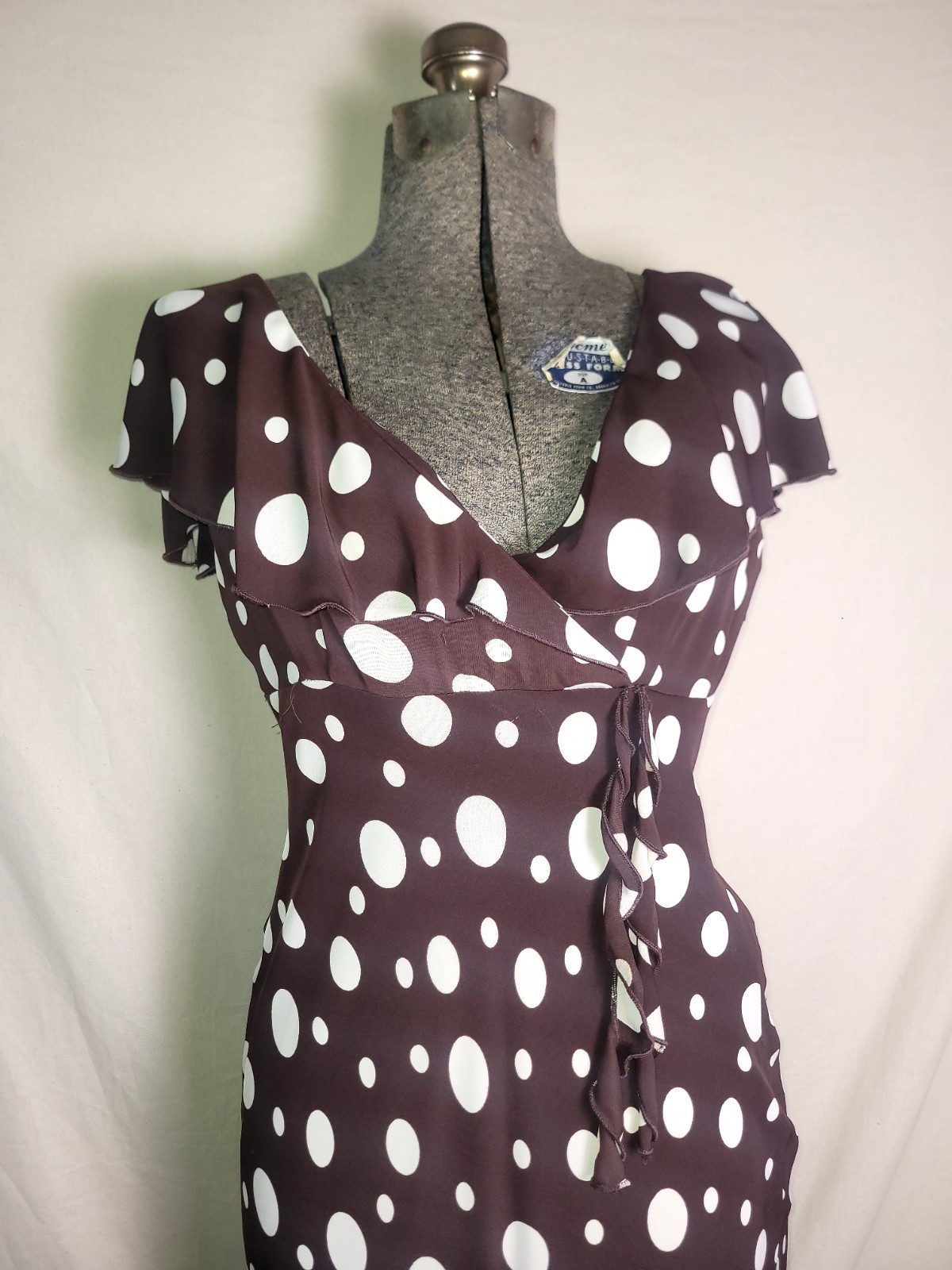 Vintage 80s 90s S.L Fashions Brown White Polka Dot Midi Maxi Dress Ruffles Vneck