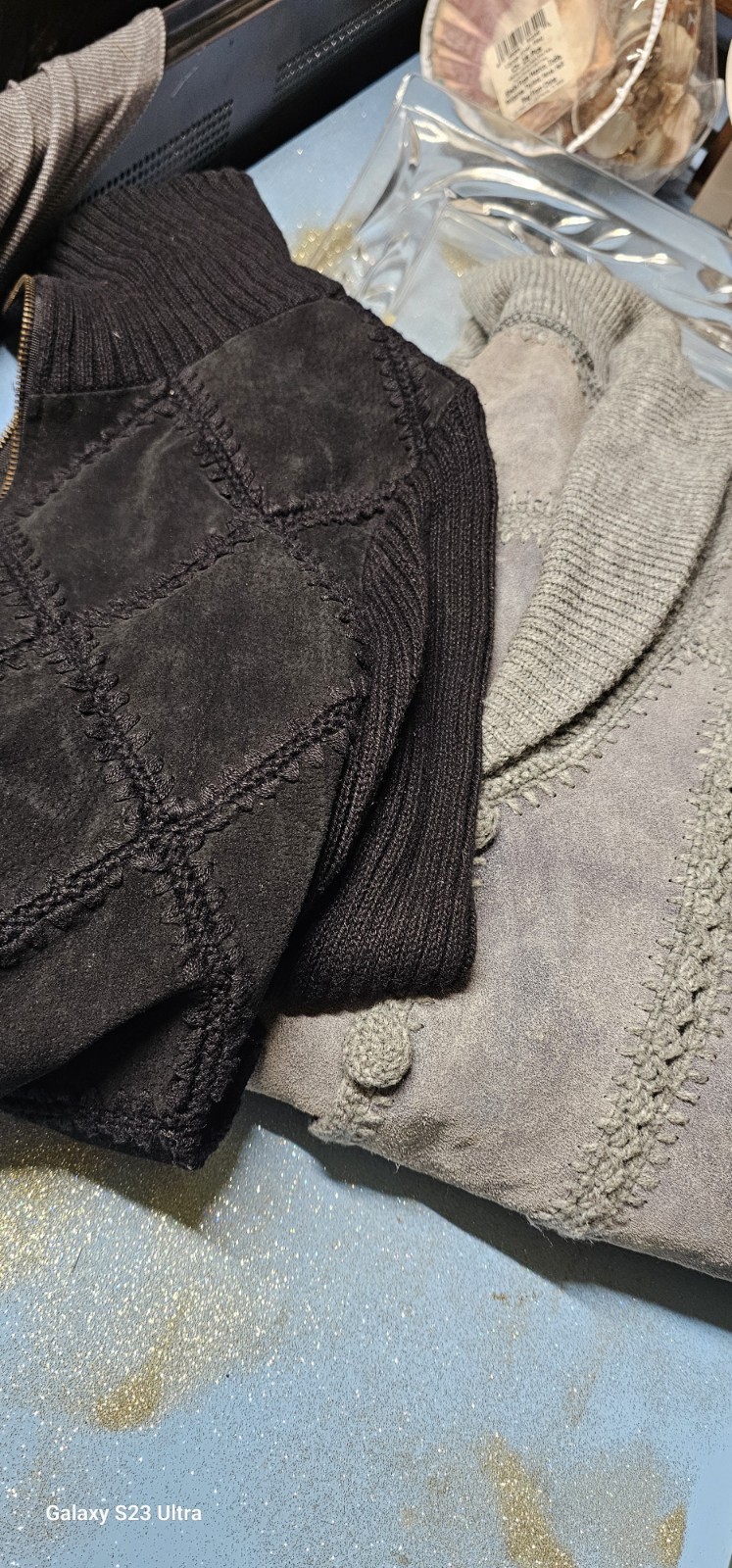 Vintage Hipster Suede Knit Leather Crochet Cardigan Sweater Jacket Women’s S 2pc