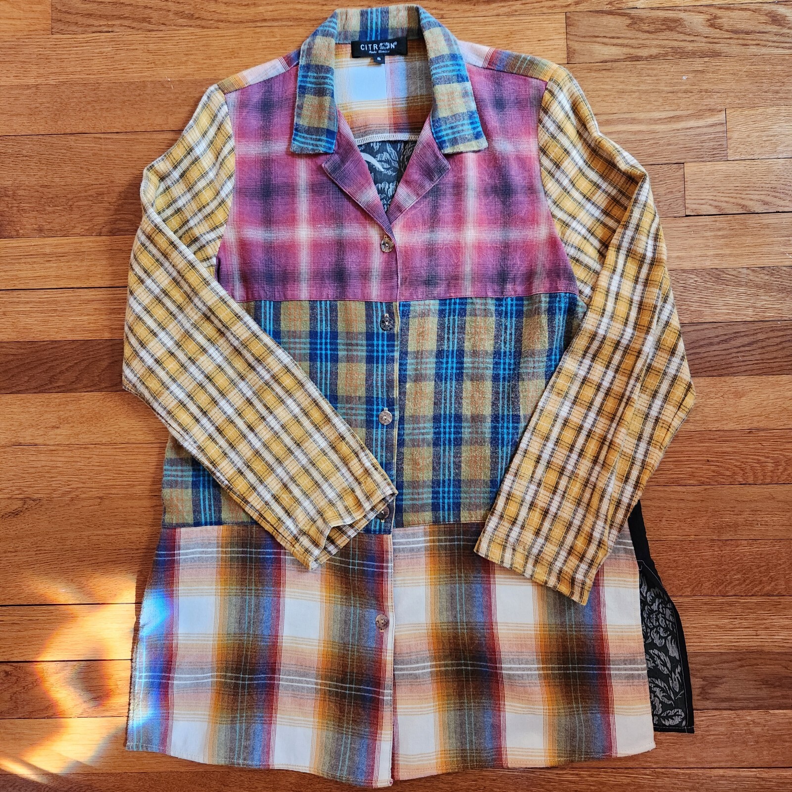 Vtg Citron Santa Monica Tunic Small Flannel & Silk Button Patchwork Boho USA