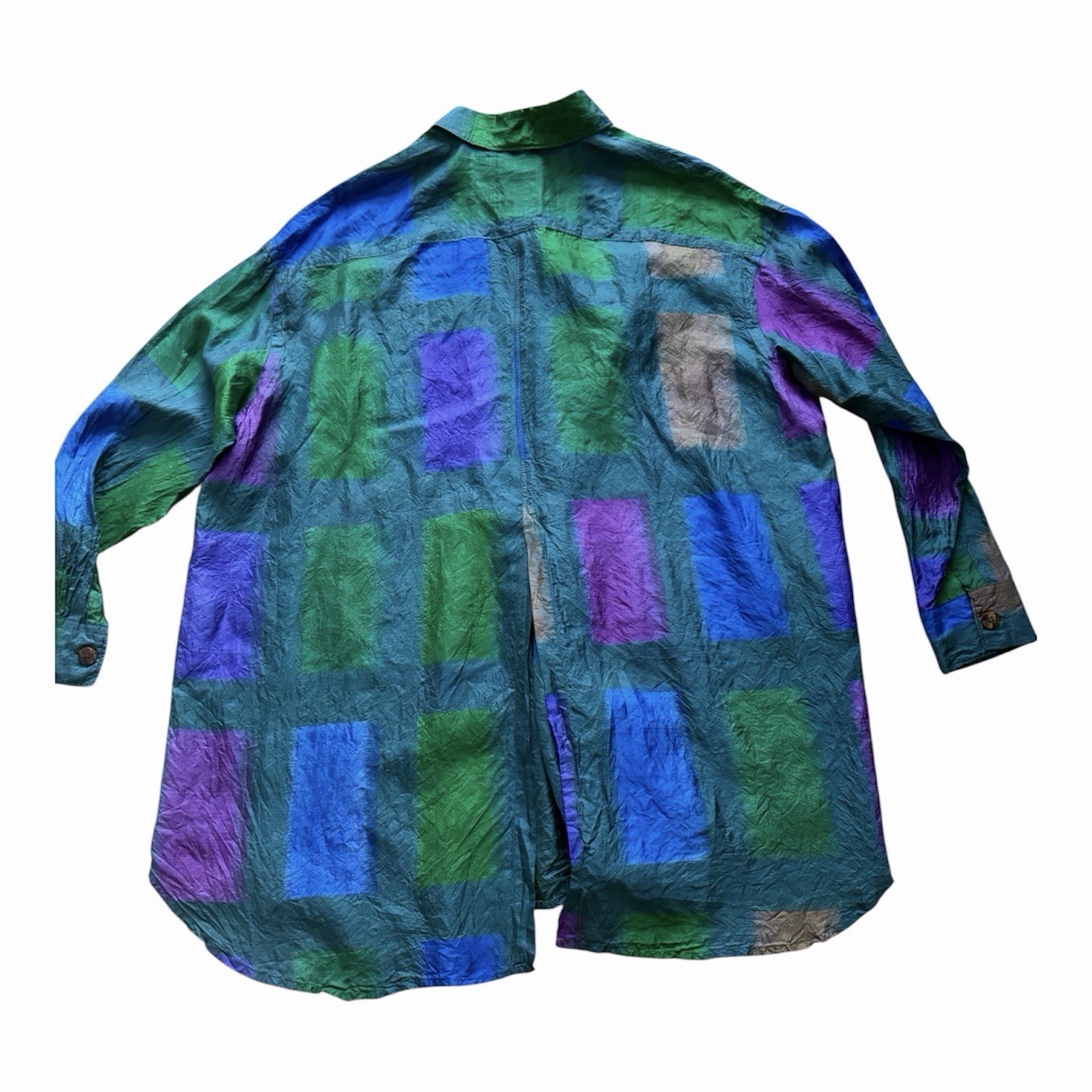 Vintage 90s Romeo Gigli 100% Silk Shirt Green Purple Button-Up Blouse Italy Sz S