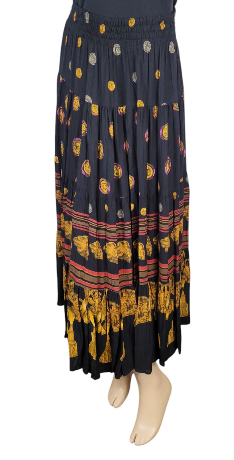 Vtg CL Carole Little Black Gold Tassel Etruscan Revival Gauze Skirt Top Set 8/10
