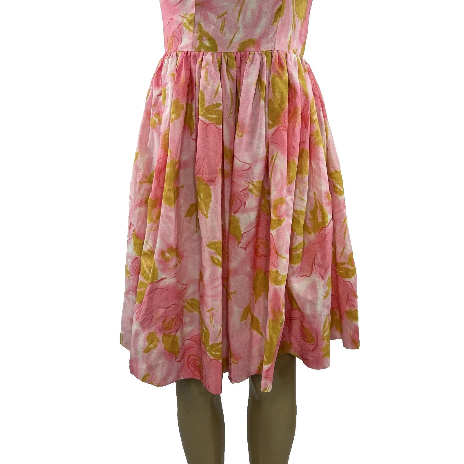 1950s Dress Vintage Pink Floral Rose Print Full Skirt A Line Retro Rockabilly