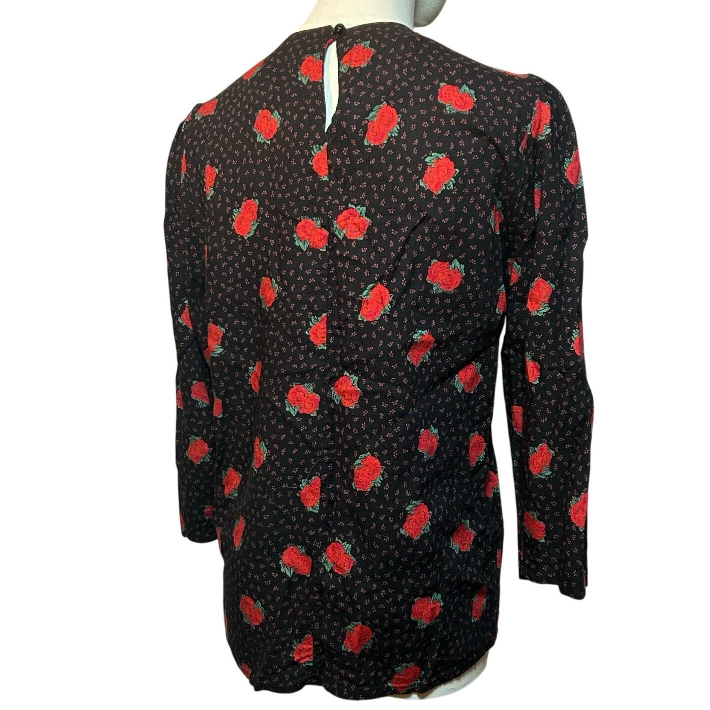 VTG Ms Interpret Black Red Rose Polka Dot Rayon Blouse 12 Whimsygoth Grunge Goth