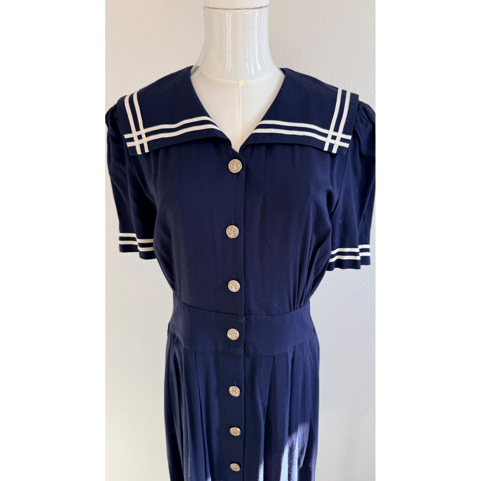 Navy Blue Sailor VTG Dress Crest Buttons 8P Nautical Rockabilly 80s does 40s