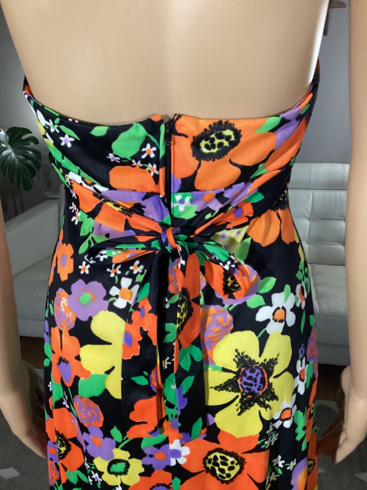 Vintage 70’s Joseph Magnin Bright Floral Flower Power Ruffle Halter Maxi Dress