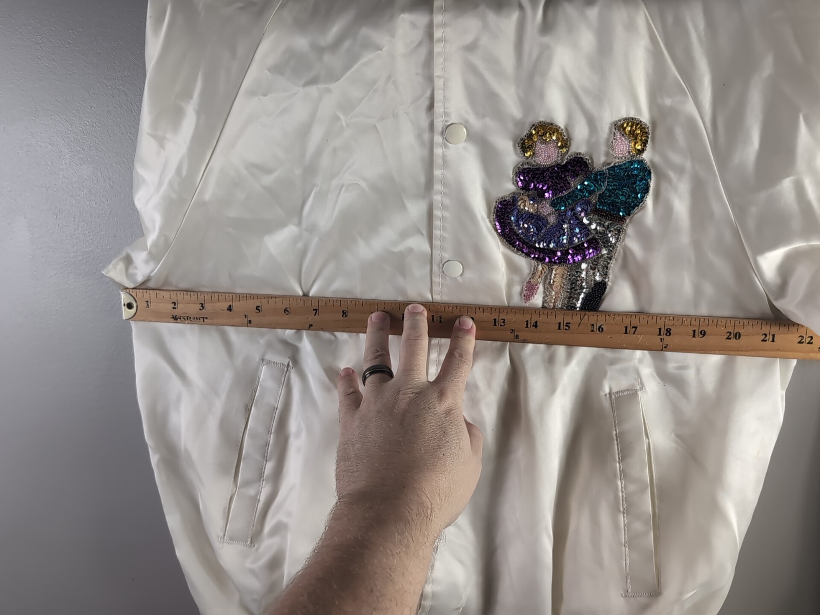 VTG Sequin Poodle Dance Tango Satin Bomber Jacket L, White, Embroidered, Mint!