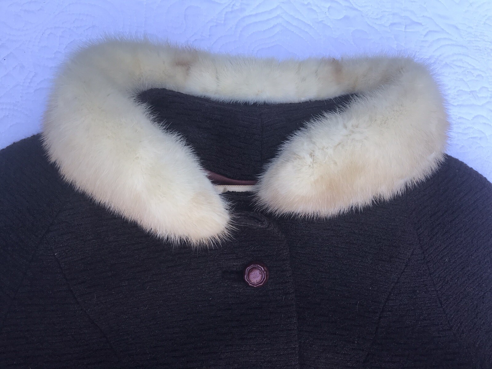 1950s John Wanamaker Brown Wool White Fox Fur Coat Swing Coat