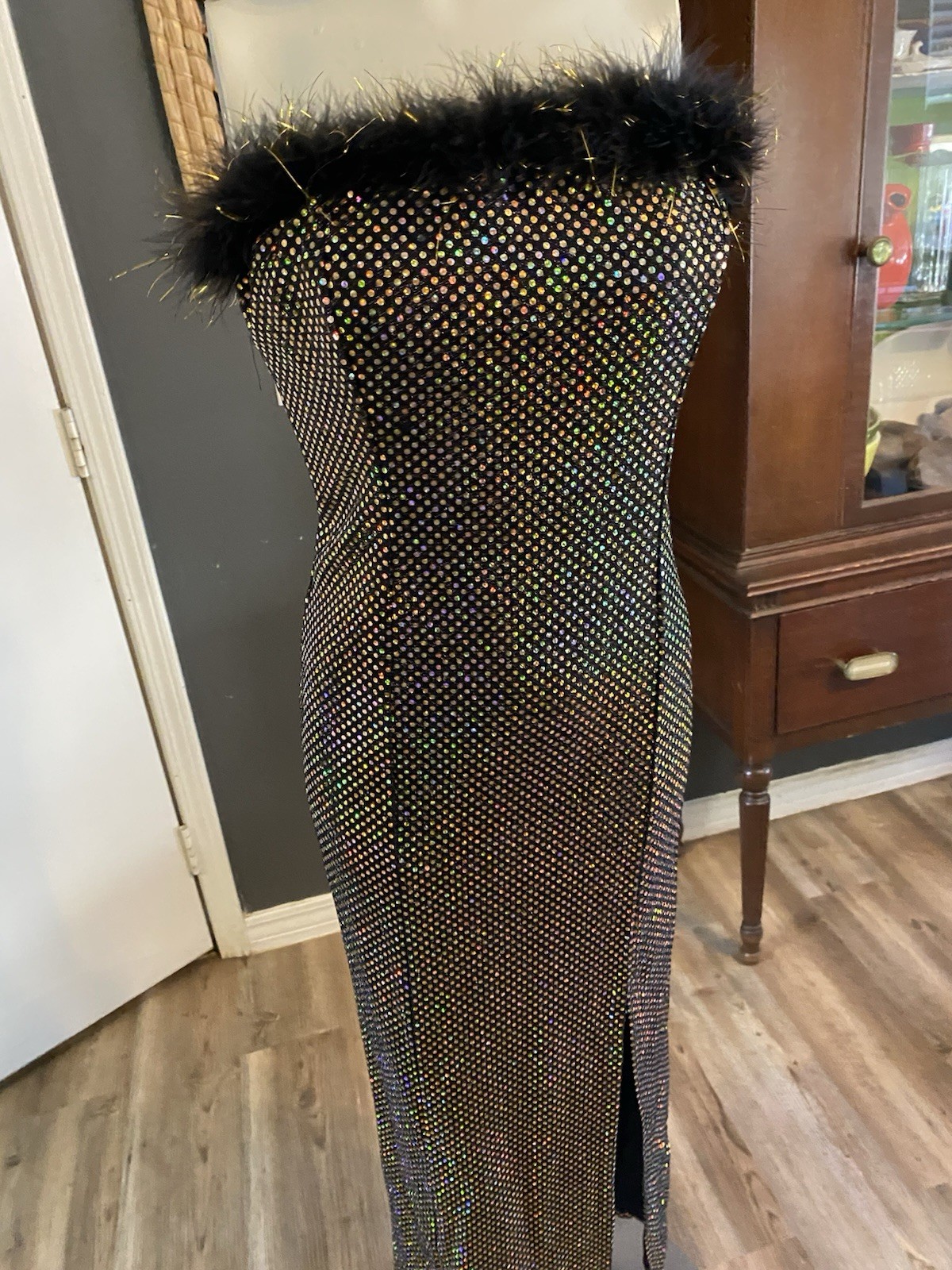 Vintage Green Land Glamour Hollywood Evening Dress Gold Dots Feather Trim Sz M