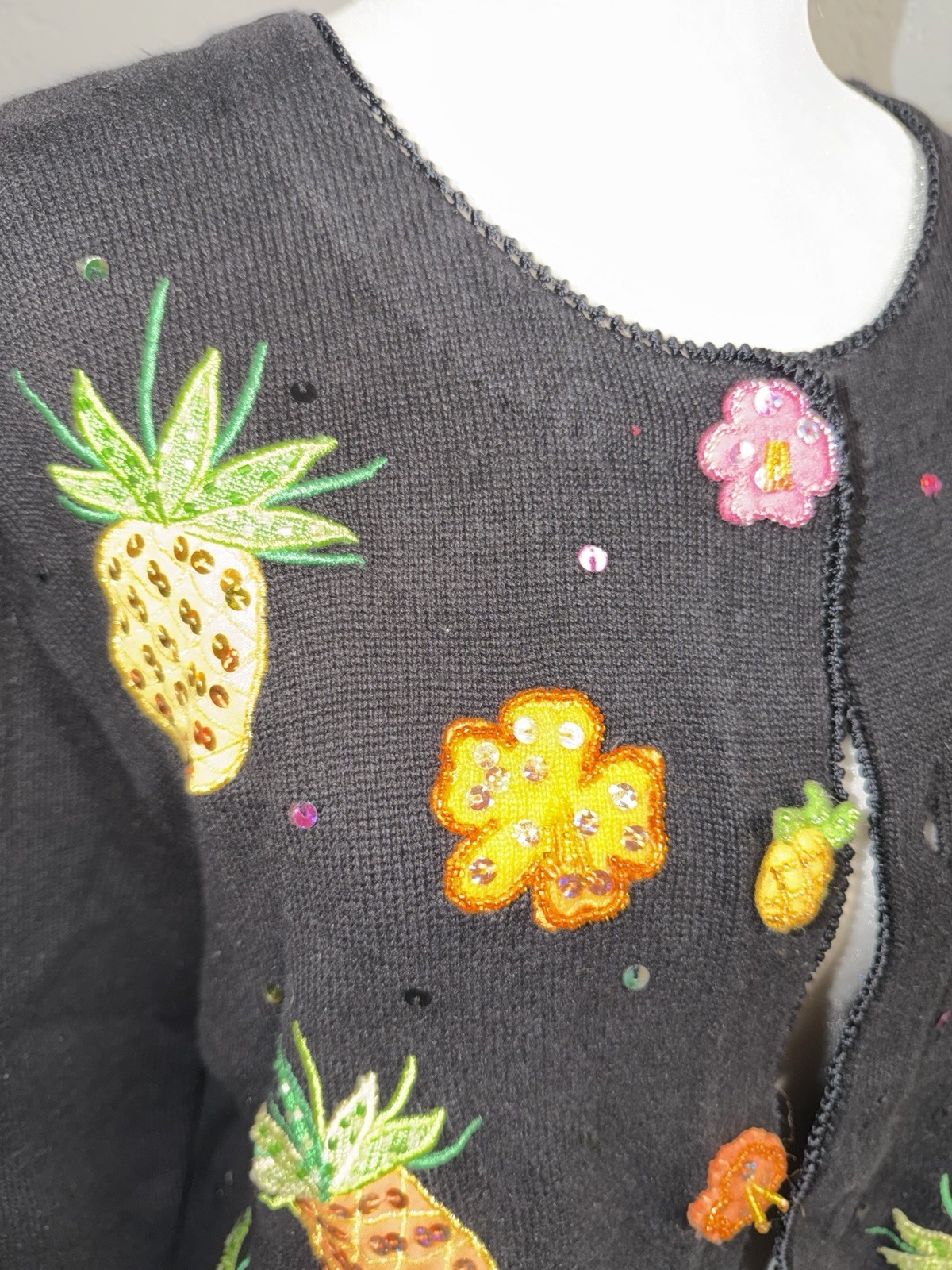 Jack B. Quick Pineapple Cardigan Size Petite Large Tropical Palm Trees 90’s