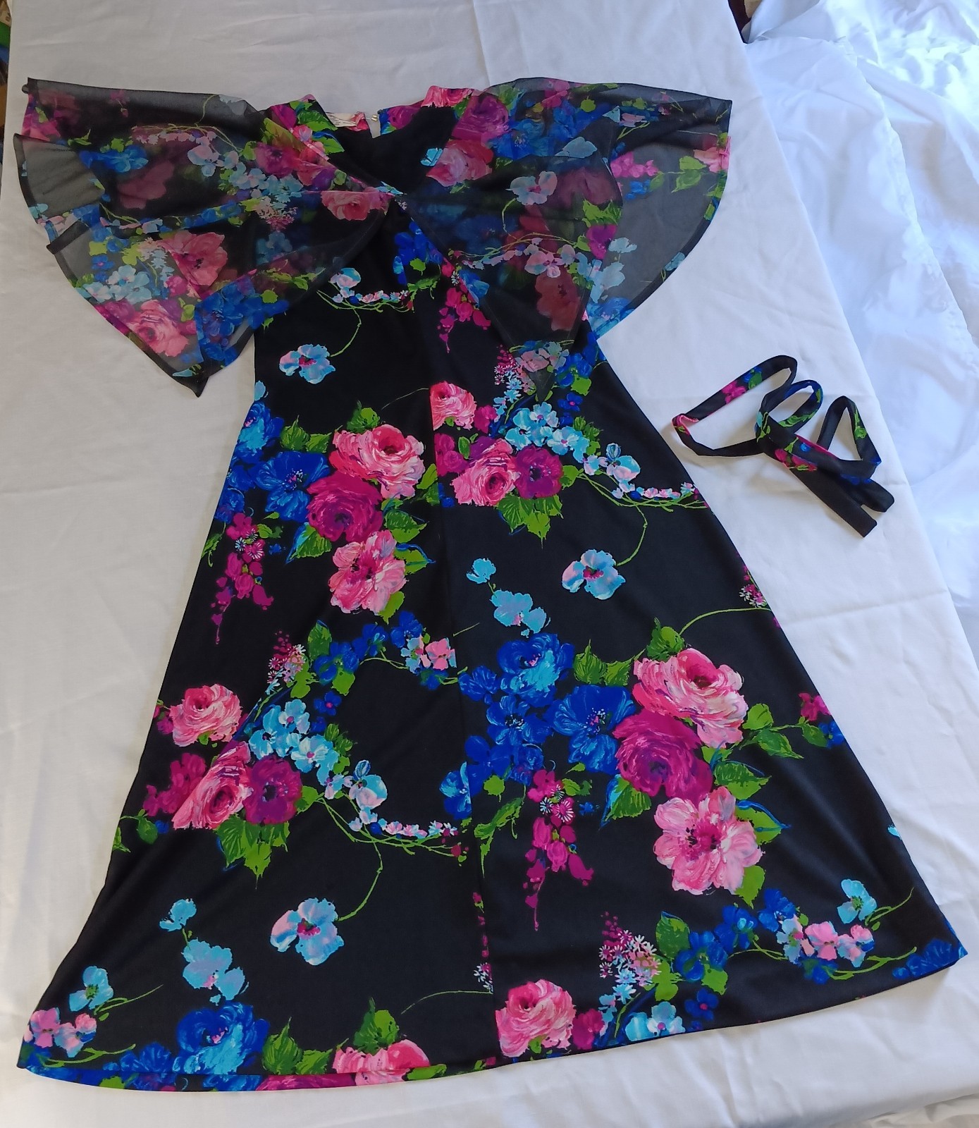 Vintage Floral Cape Sleeve Secretary Dress Black Pink Blue Chiffon Belted Sheer