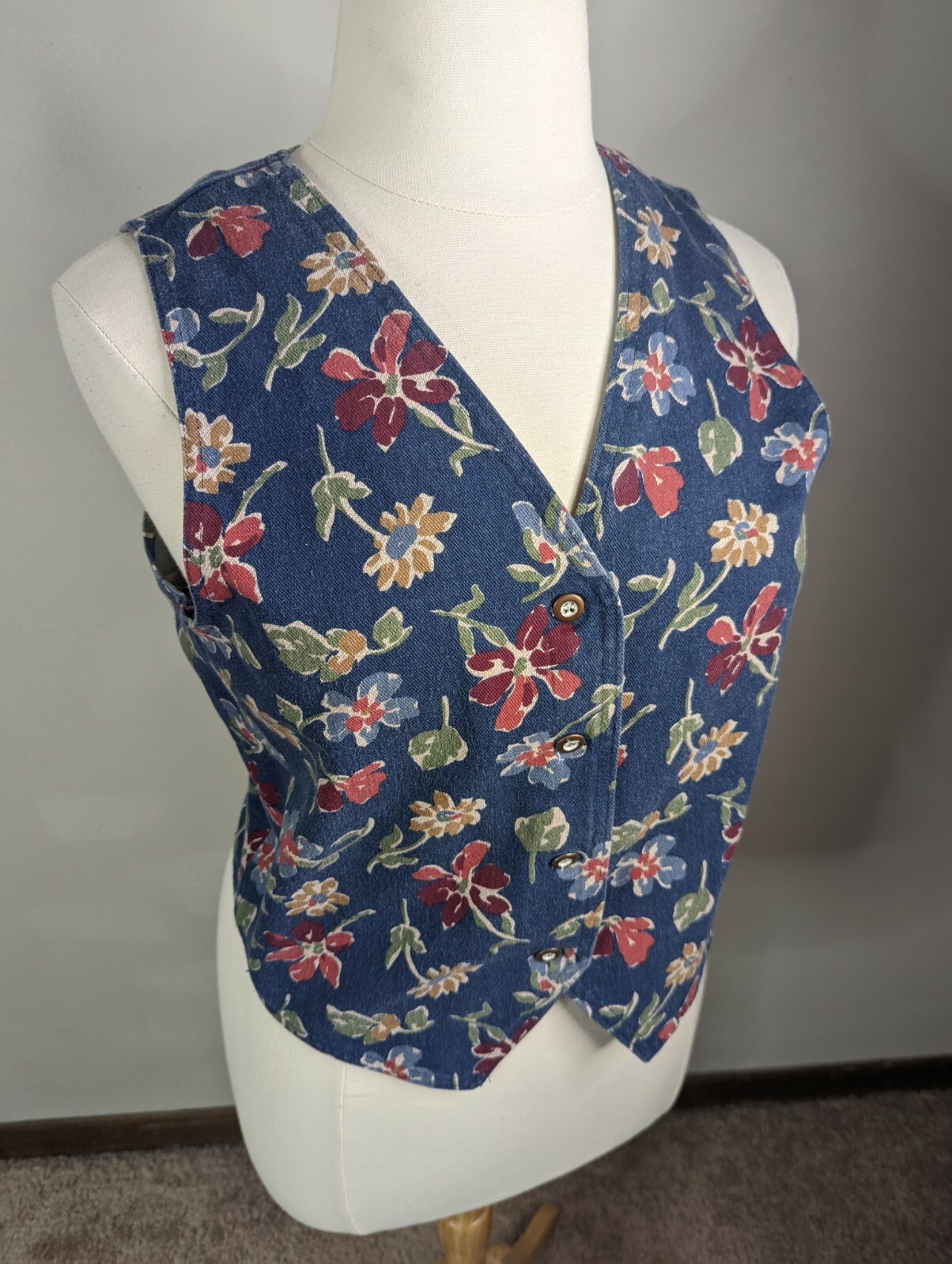 Vintage 90s Grunge Women’s Blue Denim Floral Vest Button V2J M/L Cottagecore
