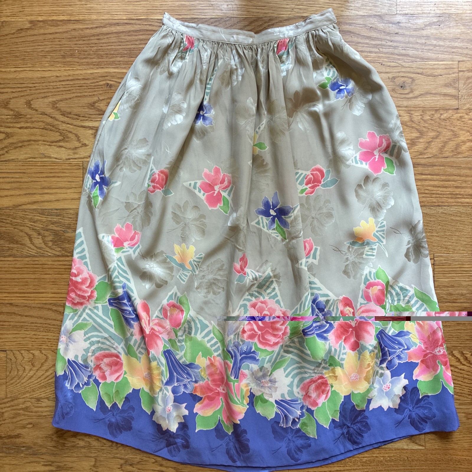 Vintage Small Size 4 Silk Skirt Tan Floral Purple Pink Yellow Coquette Feminine